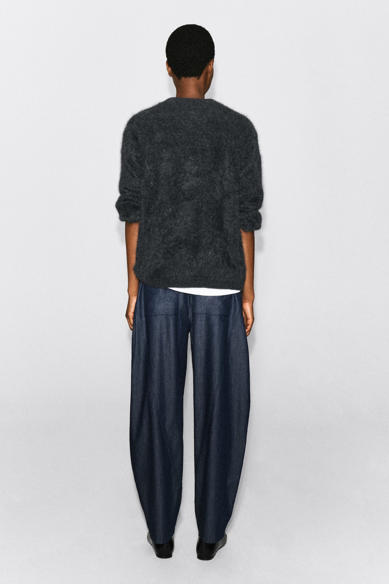 ELASTICATED BARREL-LEG DENIM PANTS — DARK BLUE