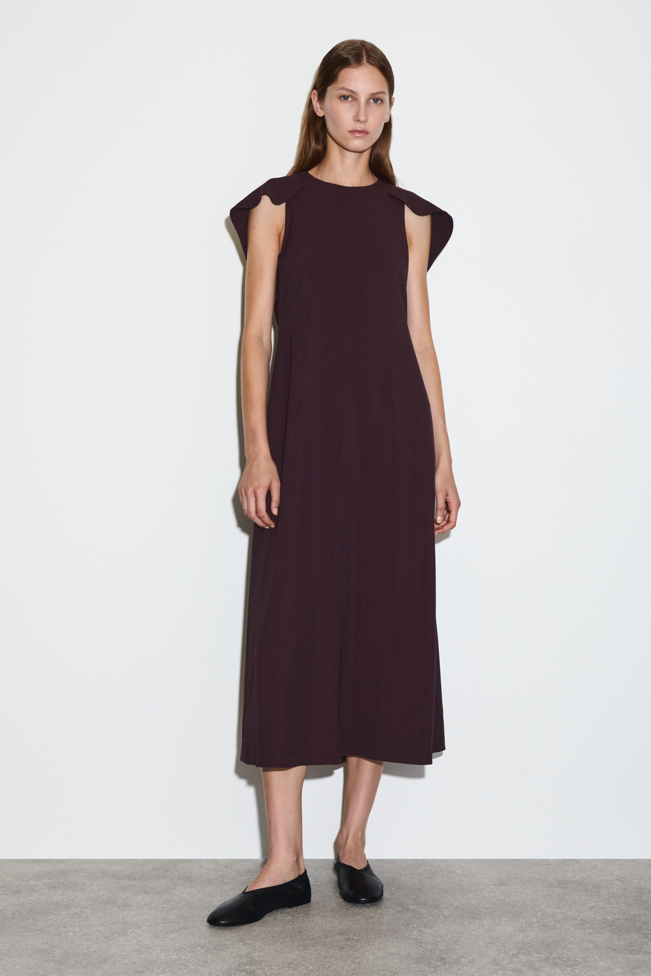 CAPE-SHOULDER MIDI DRESS