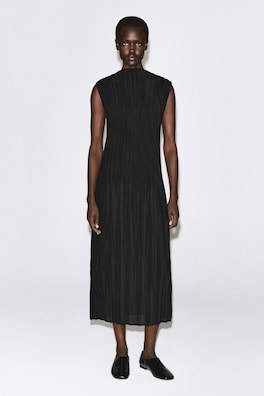PLEATED JACQUARD SLEEVELESS MAXI DRESS — BLACK 1