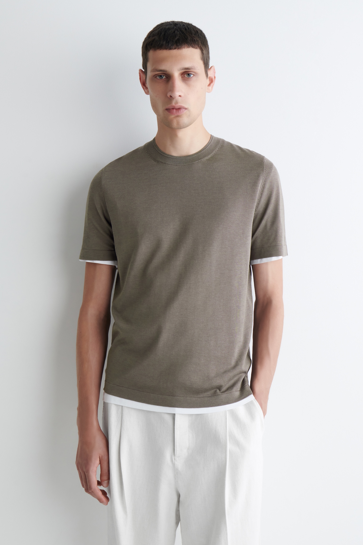 T-SHIRT SLIM EN MAILLE DE SOIE - GRIS/BEIGE/BLEU