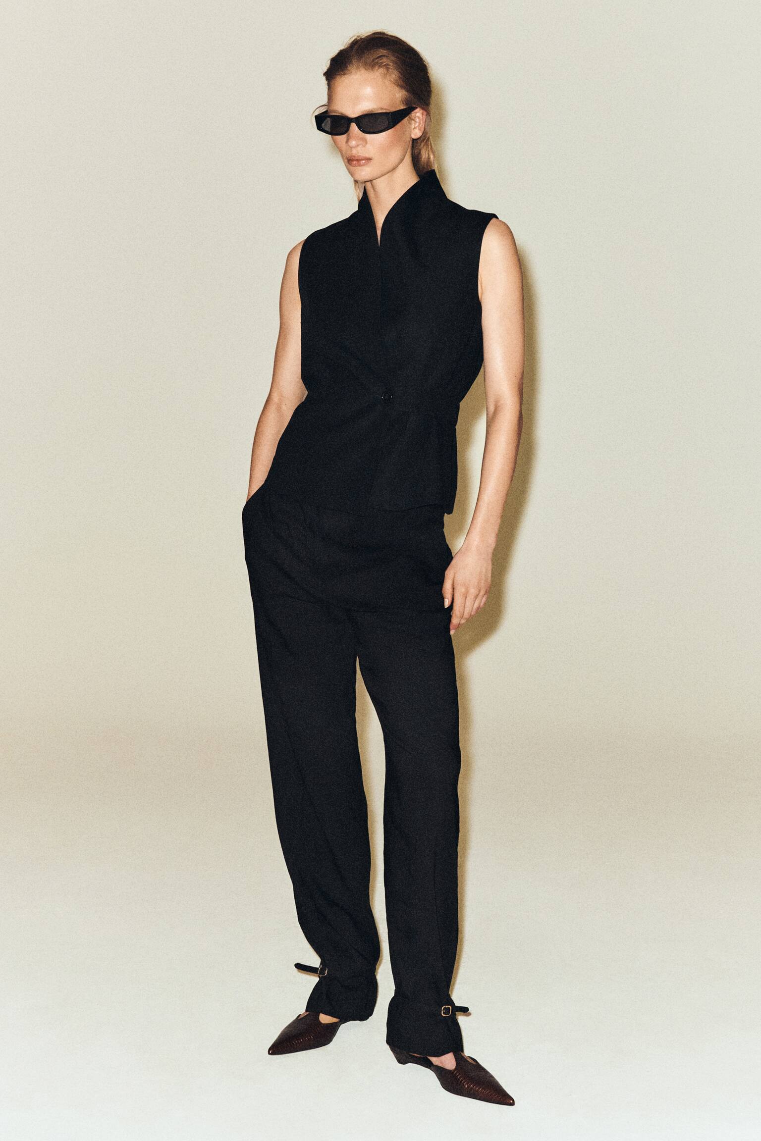 GILET IN MISTO LINO CON COLLO A SCIALLE E CINTURA - NERO - 9