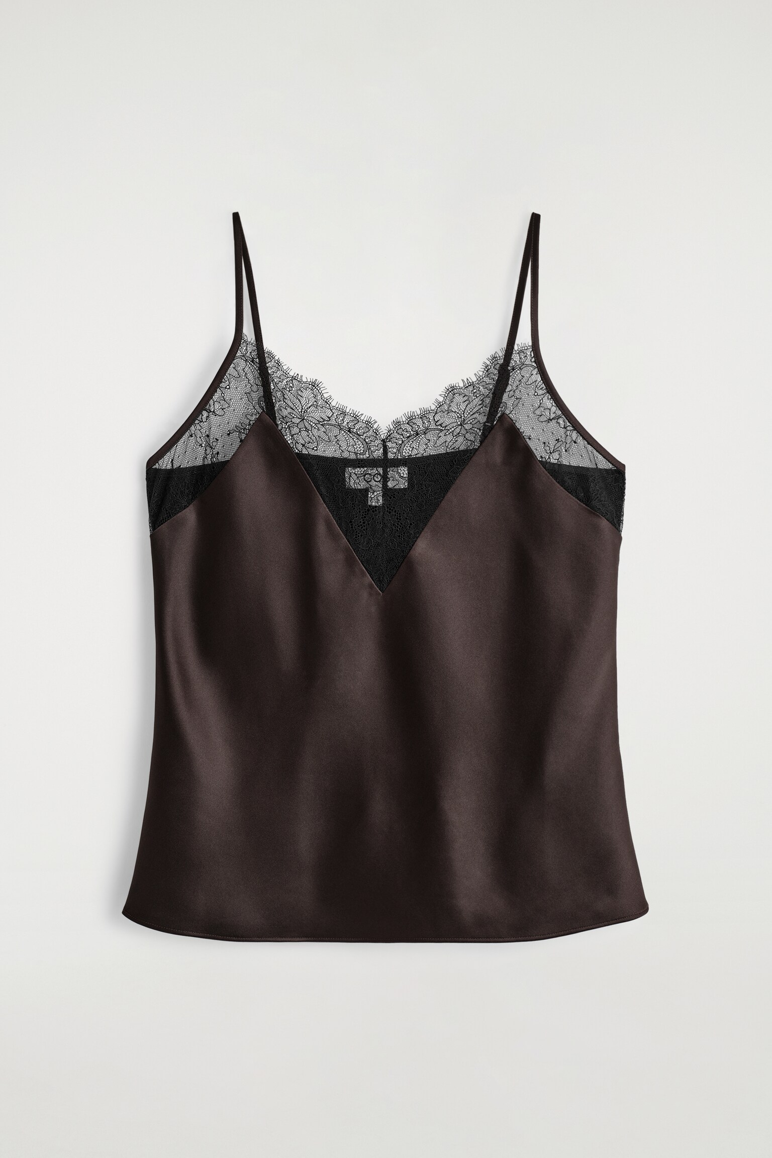 LACE-TRIMMED SATIN CAMI TOP - BROWN - 2