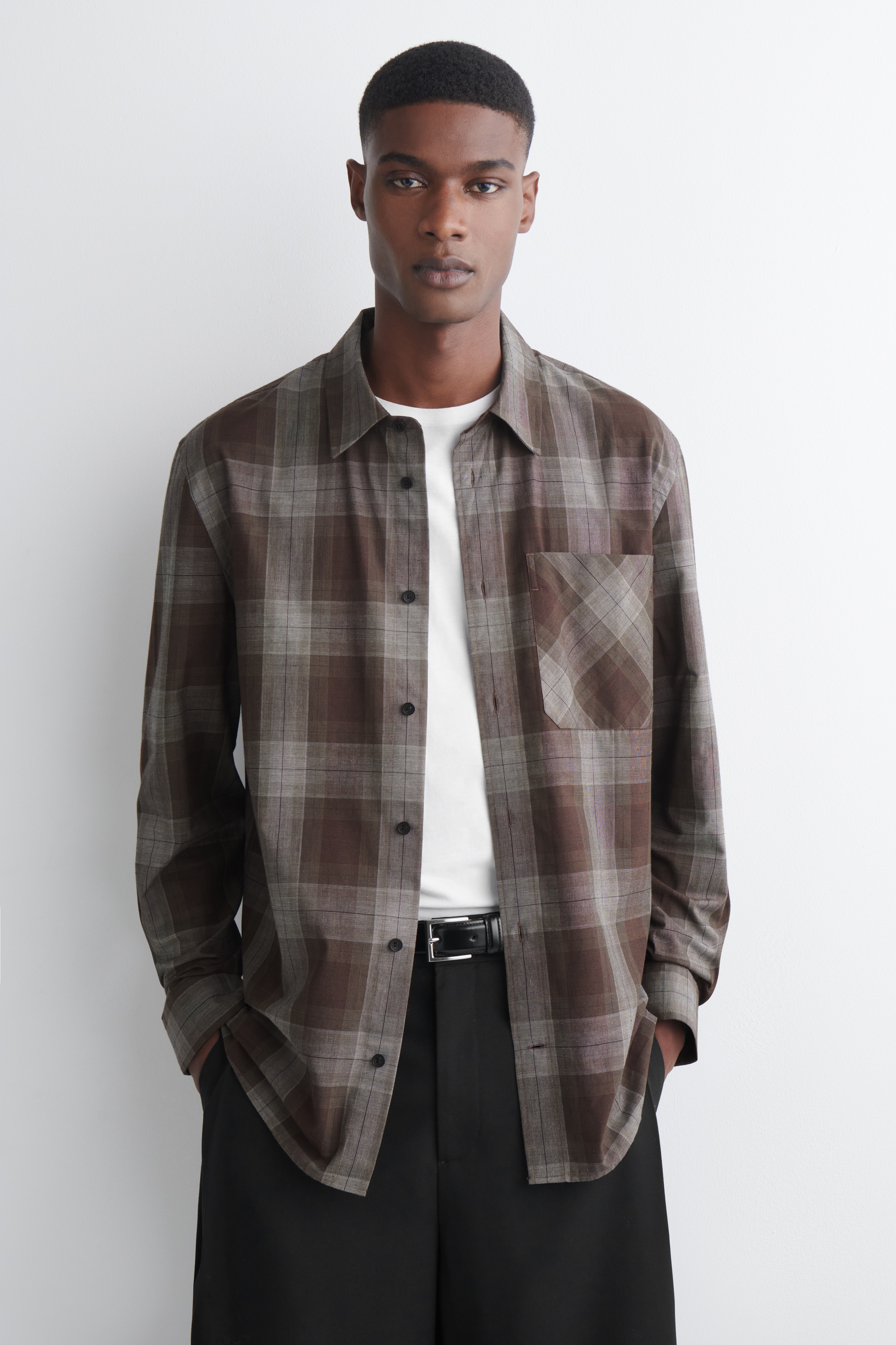 CHECKED BRUSHED-COTTON SHIRT - BROWN / CHECKED