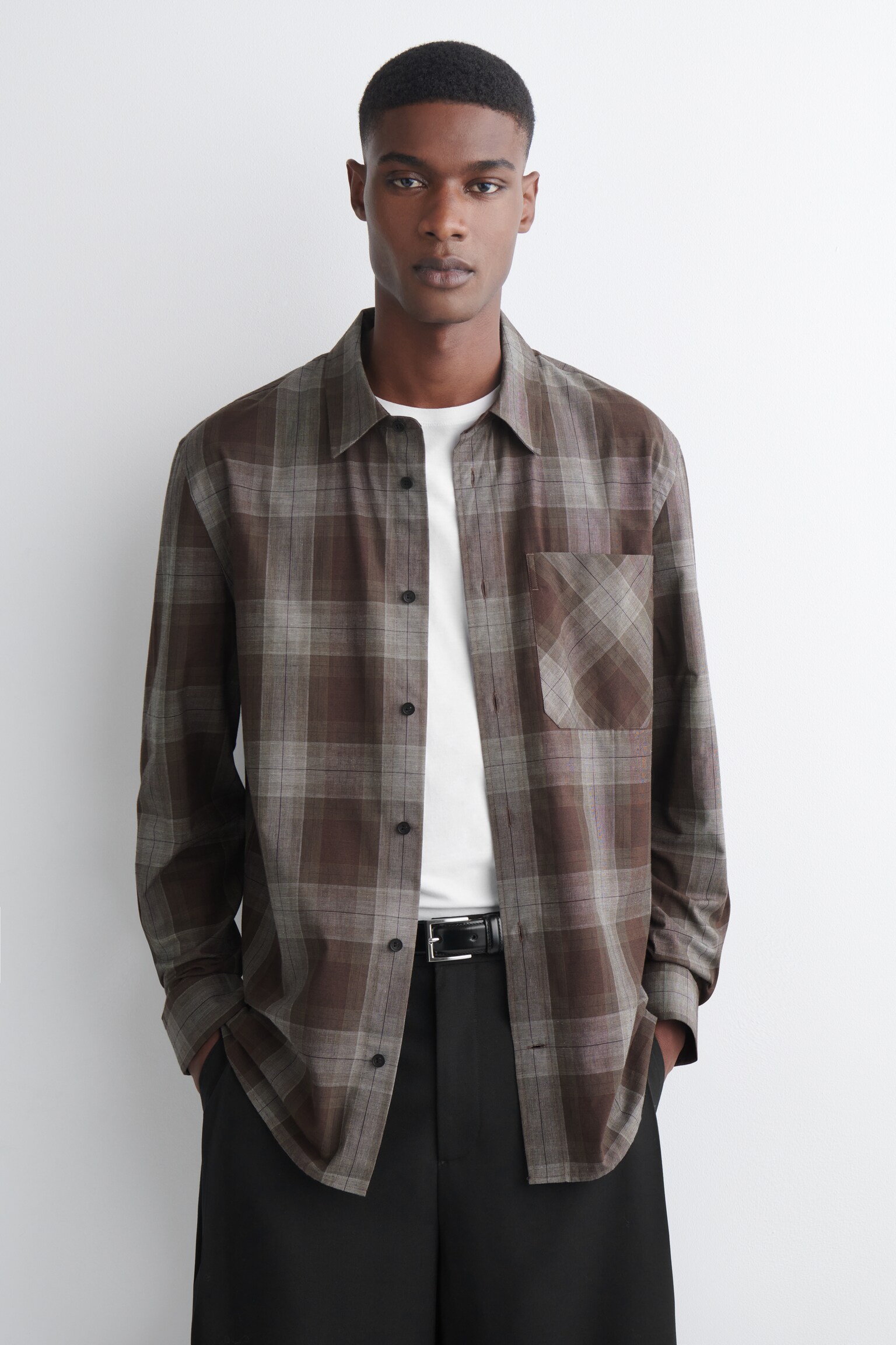 CHECKED BRUSHED-COTTON SHIRT - BROWN / CHECKED - 1