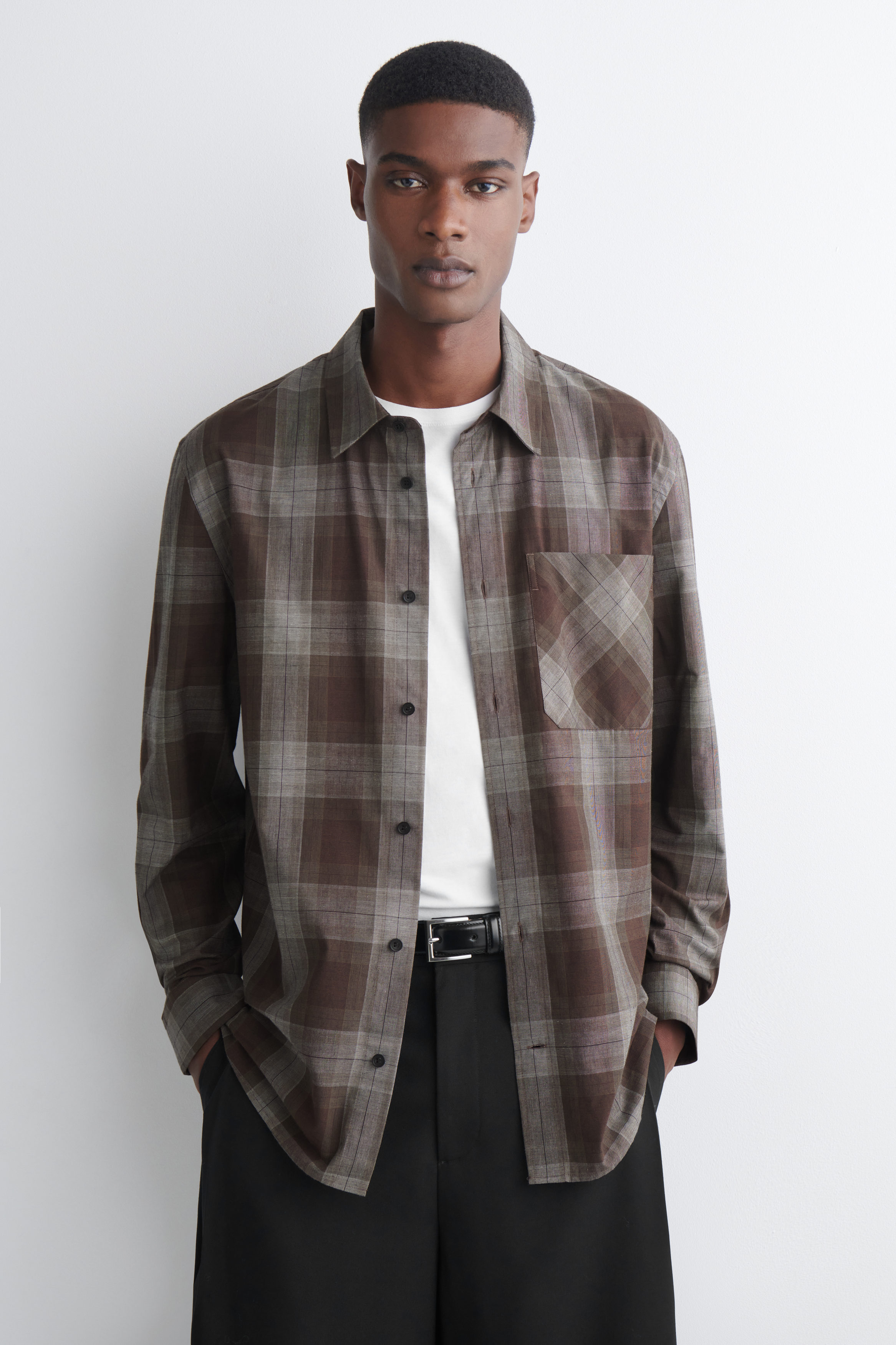 トップス COTTON CHECK SHIRT / BROWN CHEC size1 CHECKED BRUSHED-COTTON SHIRT - BROWN / CHECKED | COS US