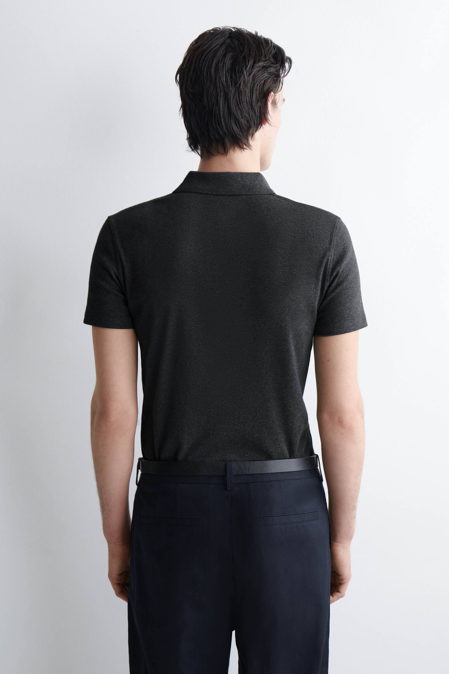 SLIM RIBBED COTTON POLO SHIRT - CHARCOAL MÉLANGE/WHITE/BLACK - 5