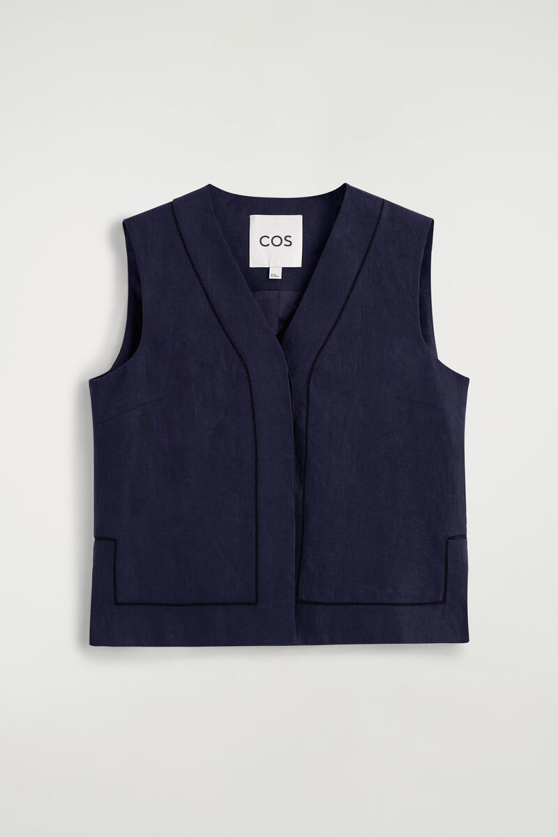 Embroidered-Detail Linen Waistcoat in Navy