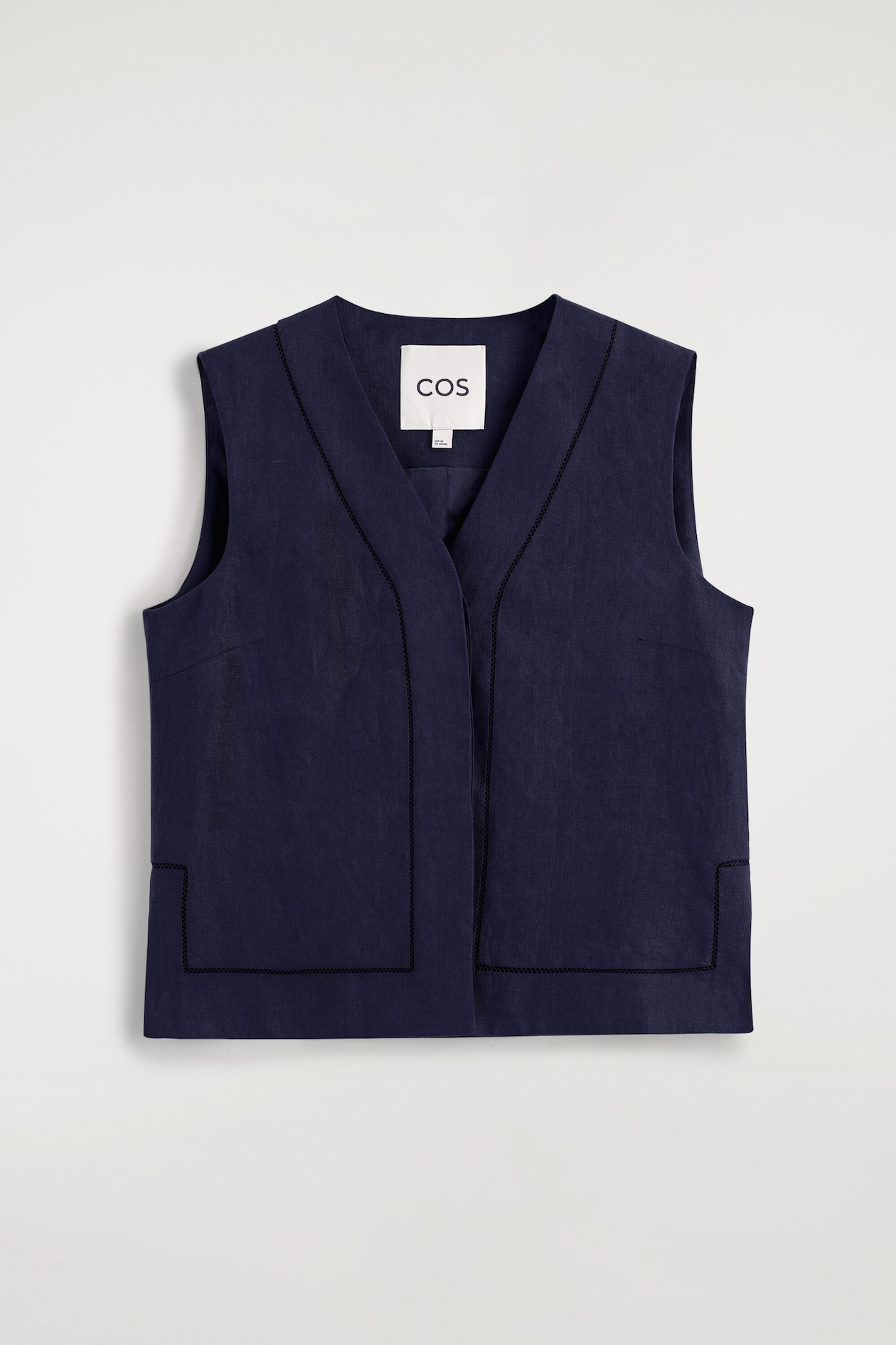 EMBROIDERED-DETAIL LINEN WAISTCOAT — NAVY