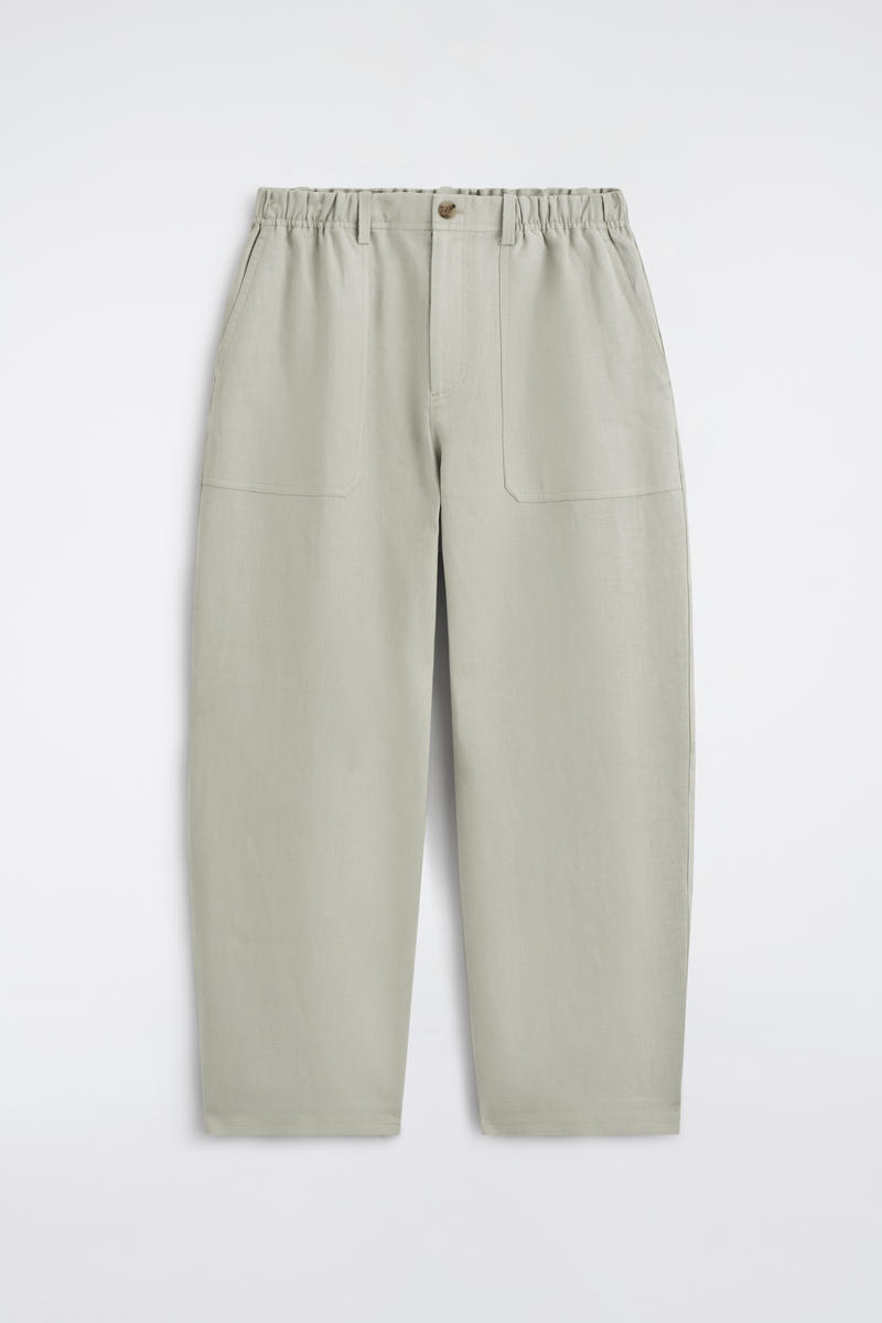 Linen Relaxed-Fit Barrel-Leg Pants in Gray