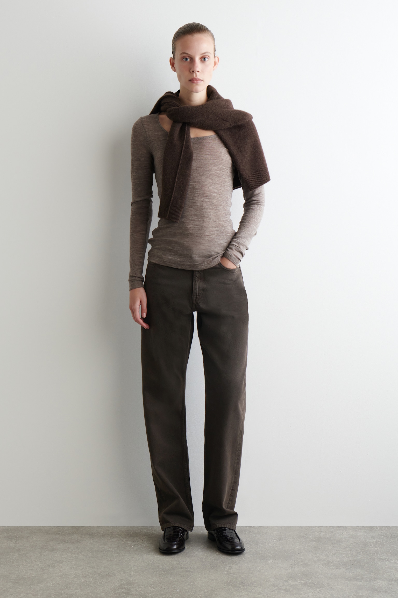 MERINO WOOL SCOOP-NECK TOP - LIGHT-BROWN MÉLANGE/BLACK/GREY MÉLANGE - 4