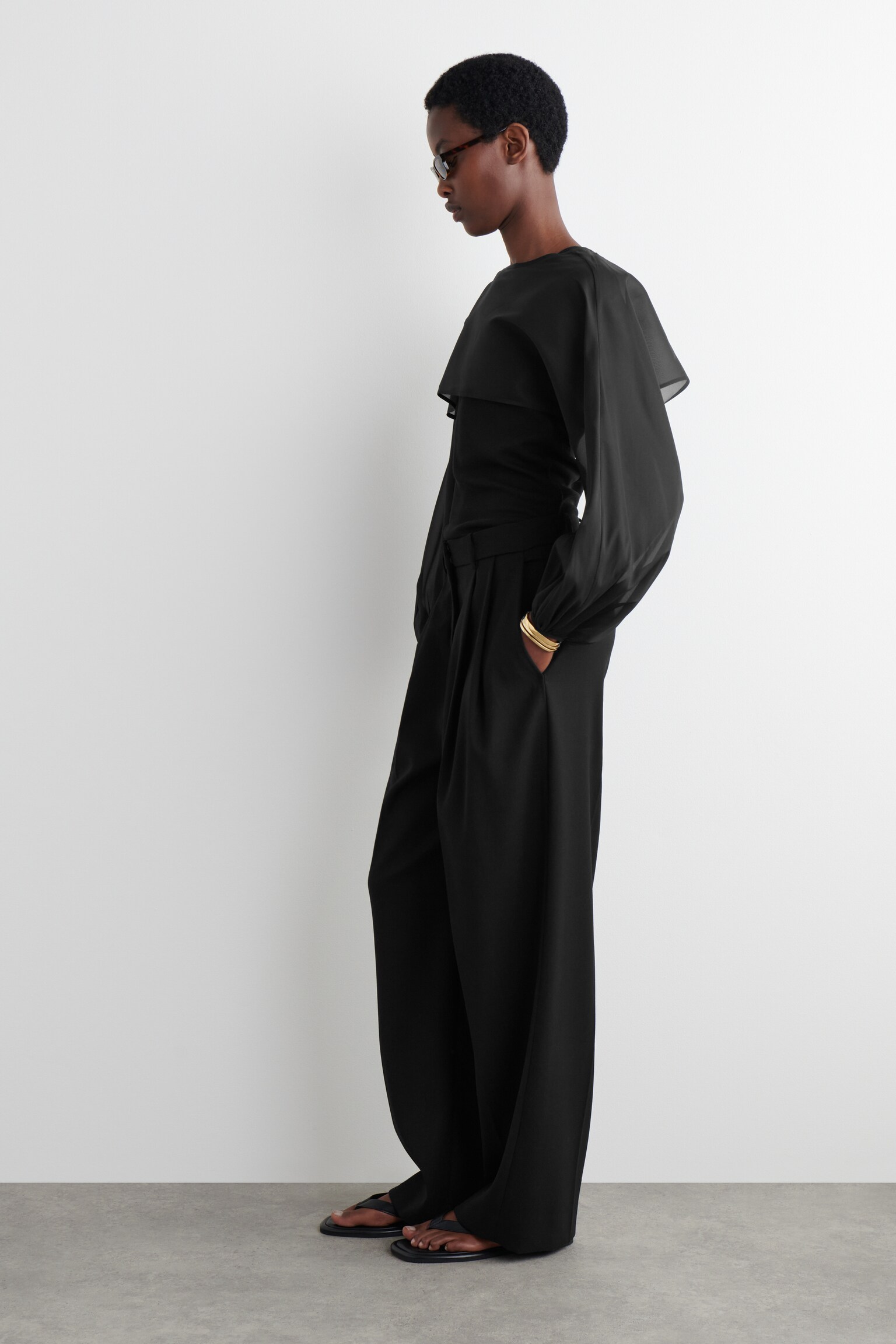 BALLOON-SLEEVE SHEER SILK HYBRID - BLACK - 6