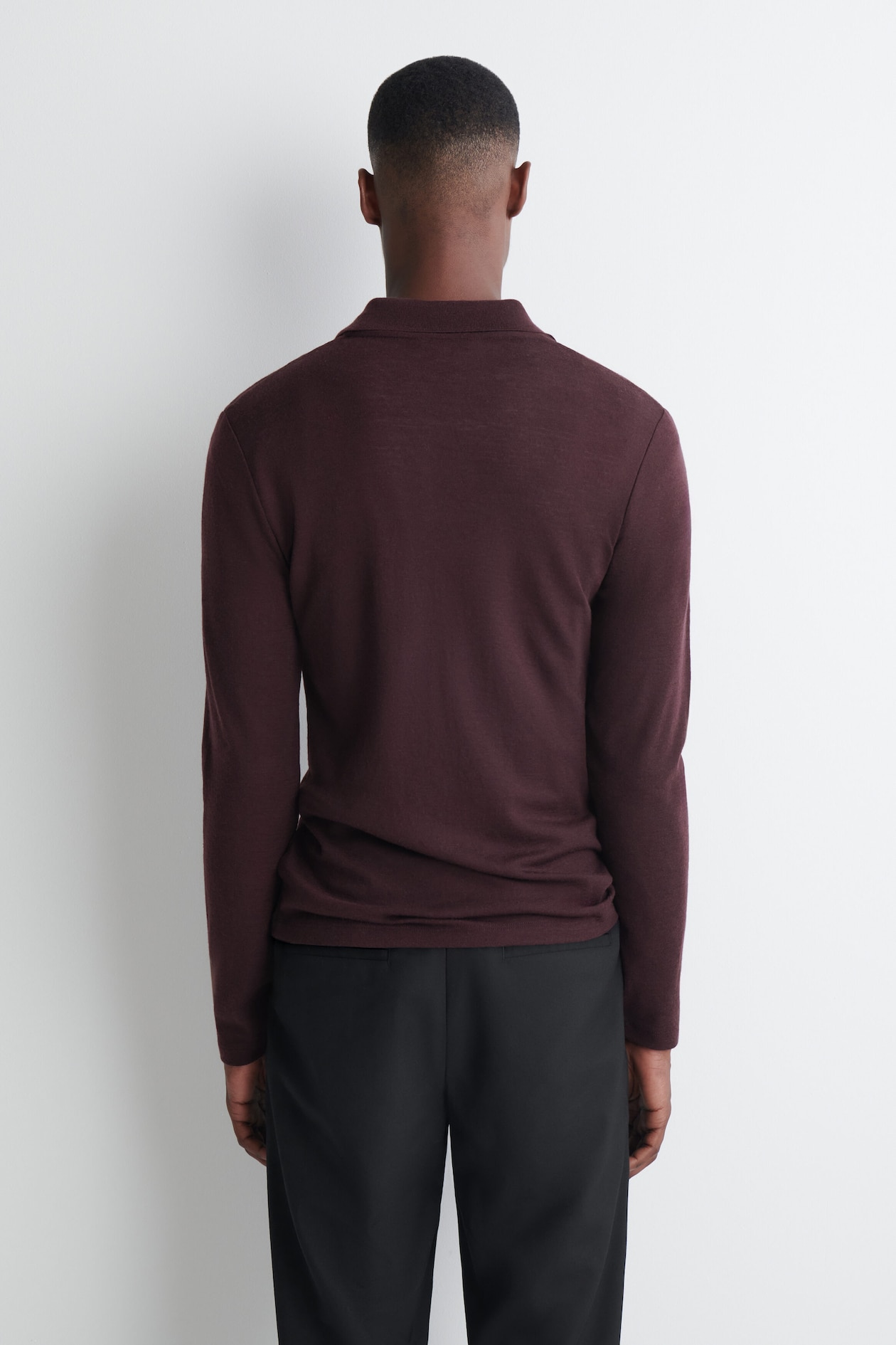 SLIM WOOL-JERSEY OPEN-COLLAR POLO SHIRT — BURGUNDY