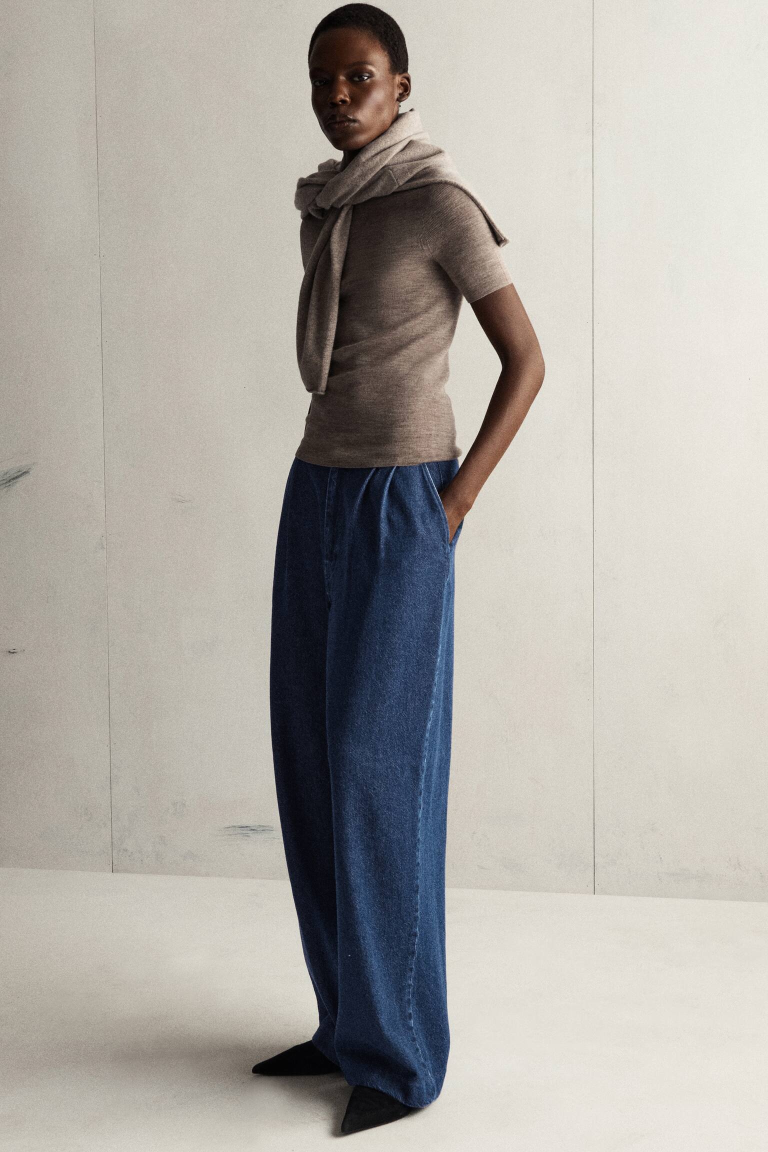 CARDIGAN I MERINOULD MED SKORSTENSKRAVE - MELERET BEIGE/MARINEBLÅ - 6