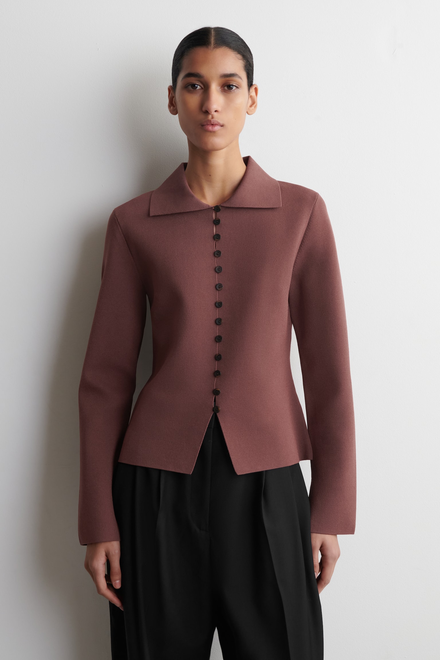 WAISTED MILANO-KNIT CARDIGAN - חום/חום כהה - 2