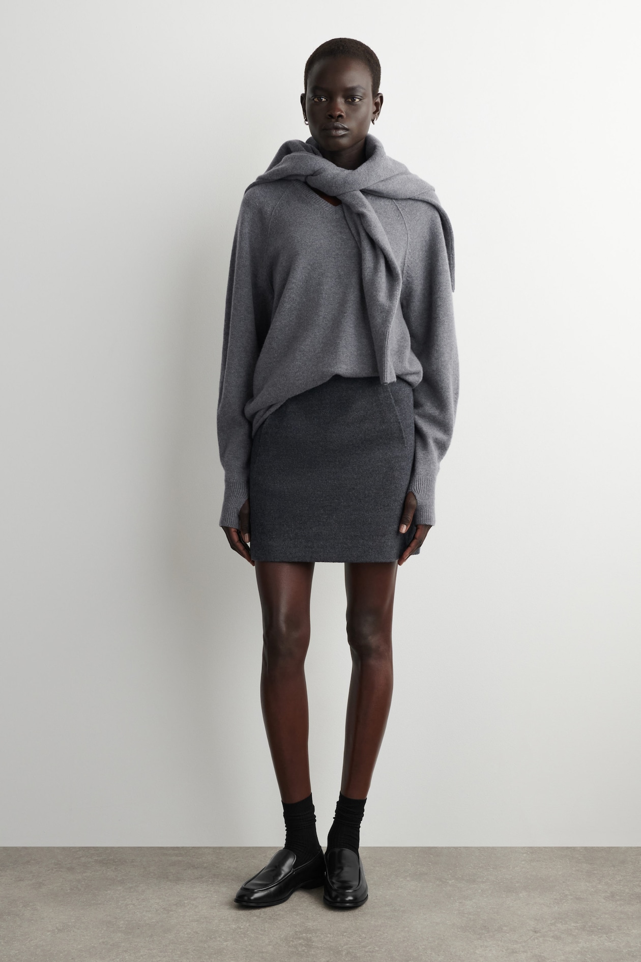BOILED MERINO WOOL MINI SKIRT — GREY