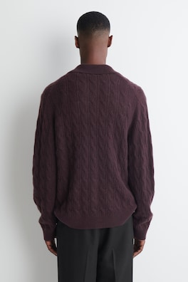 CABLE-KNIT PURE CASHMERE POLO SWEATER — BURGUNDY 4