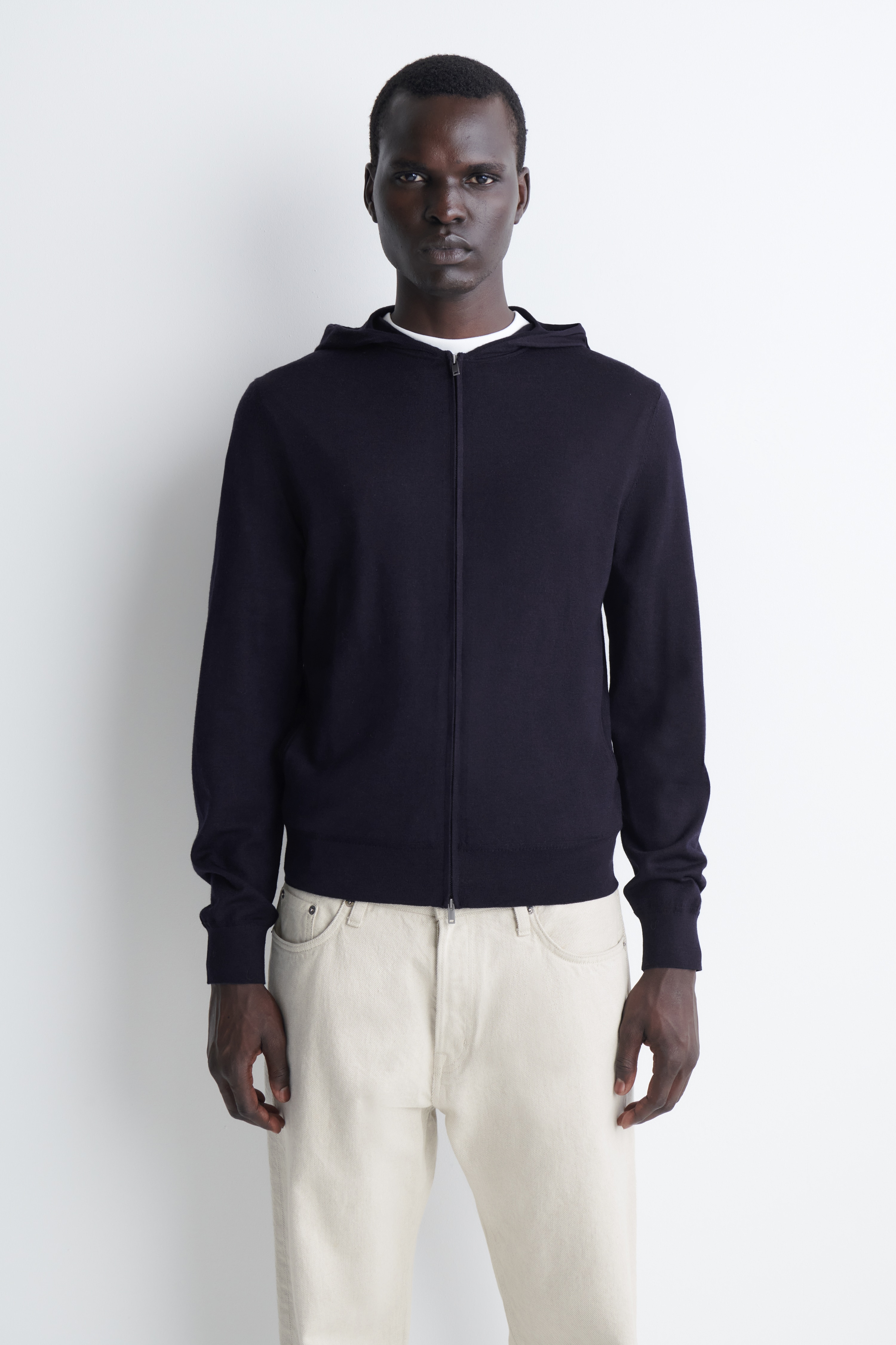 MERINO WOOL ZIP-UP HOODIE - NAVY/GREY MÉLANGE