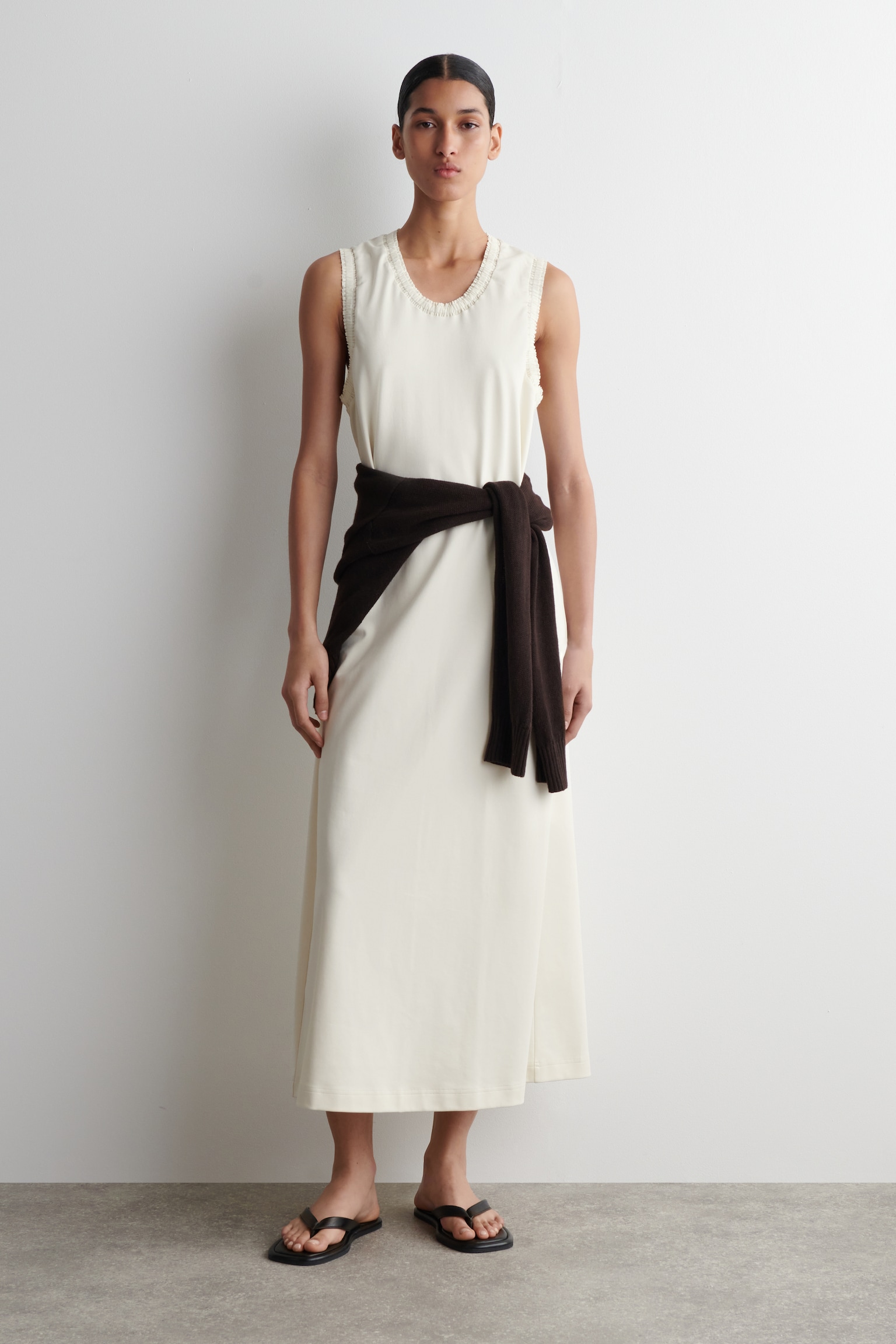 ROBE MIDI FRONCÉE EN COTON - BLANC/BLEU MARINE