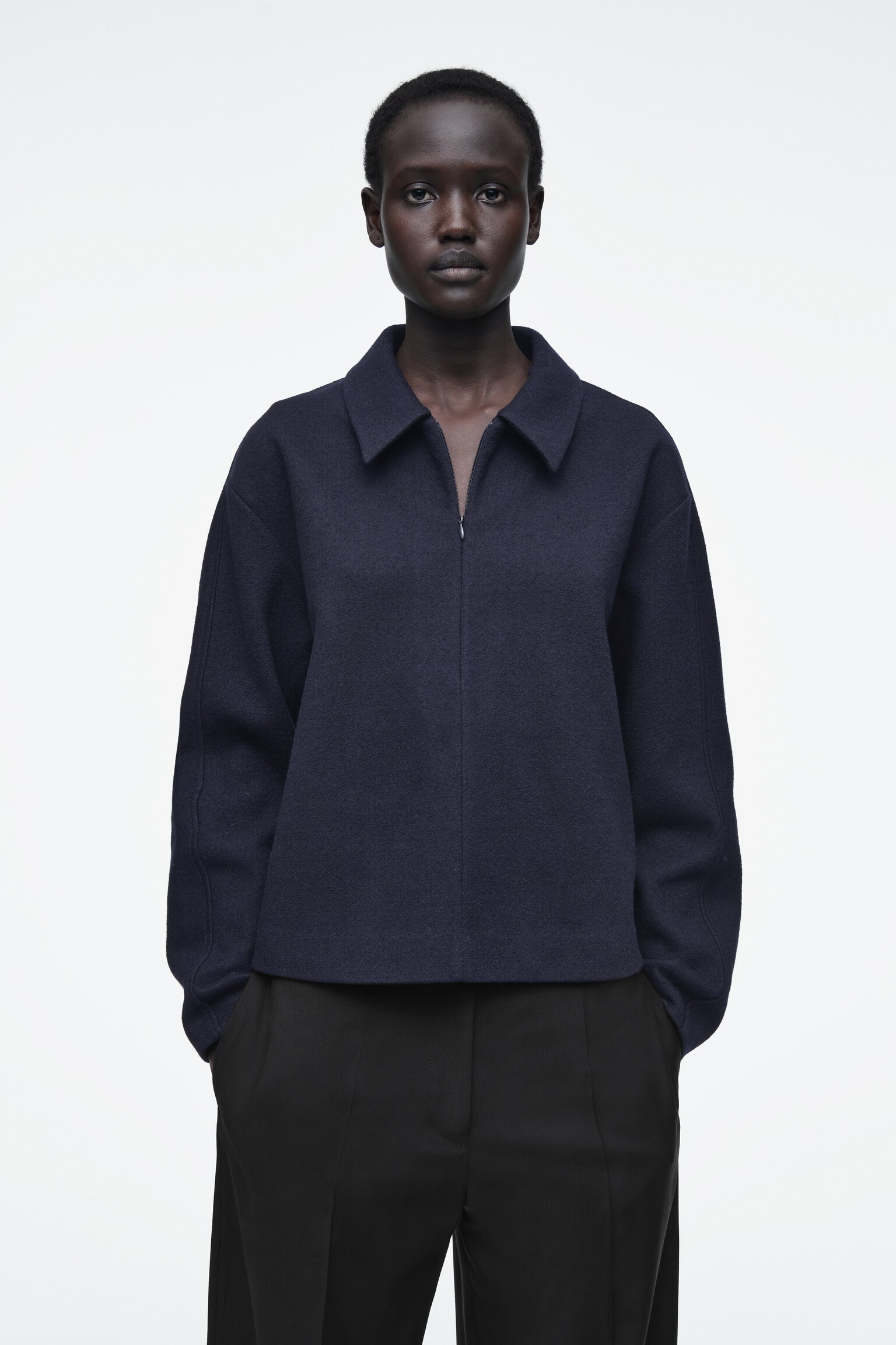 BOILED-WOOL ZIP-UP CARDIGAN - NAVY
