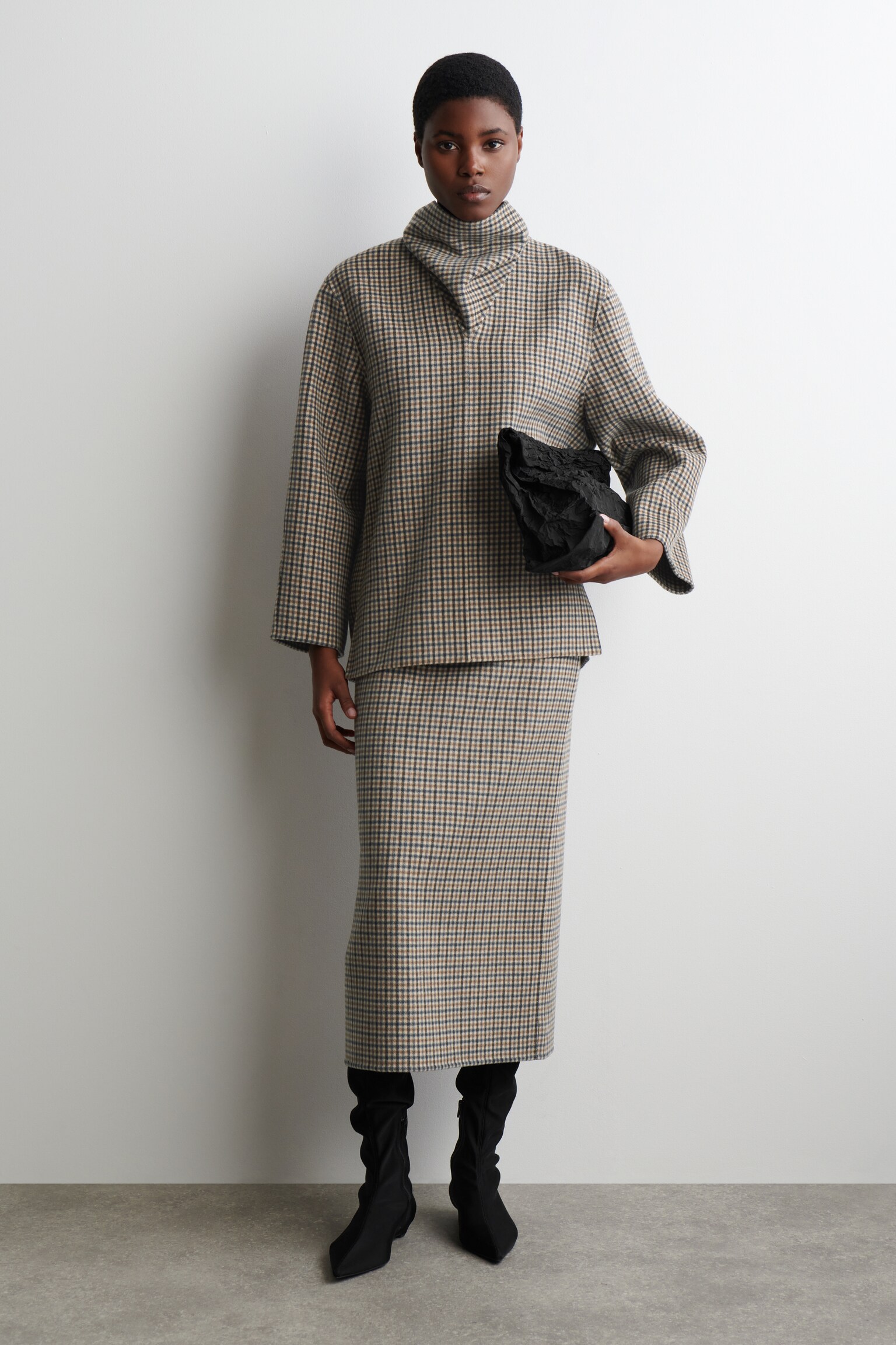 BLOUSE À ÉCHARPE ET CARREAUX EN LAINE DOUBLE FACE - BEIGE / CARREAUX - 6