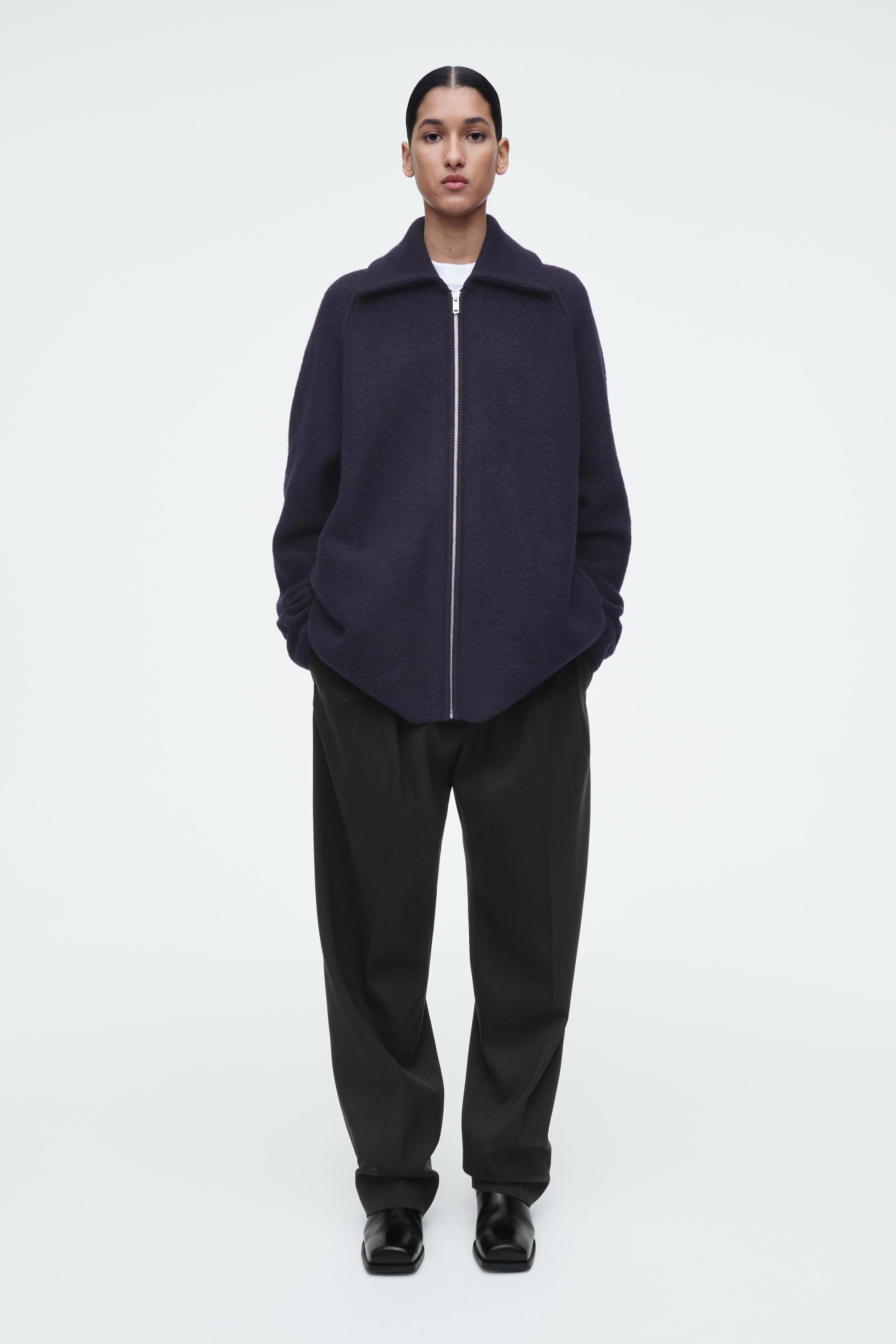 BOILED-WOOL ZIPPED JACKET - NAVY | COS