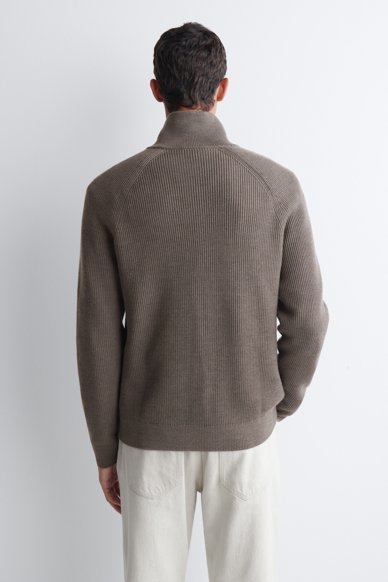 RIBBED WOOL HALF-ZIP SWEATER — BROWN