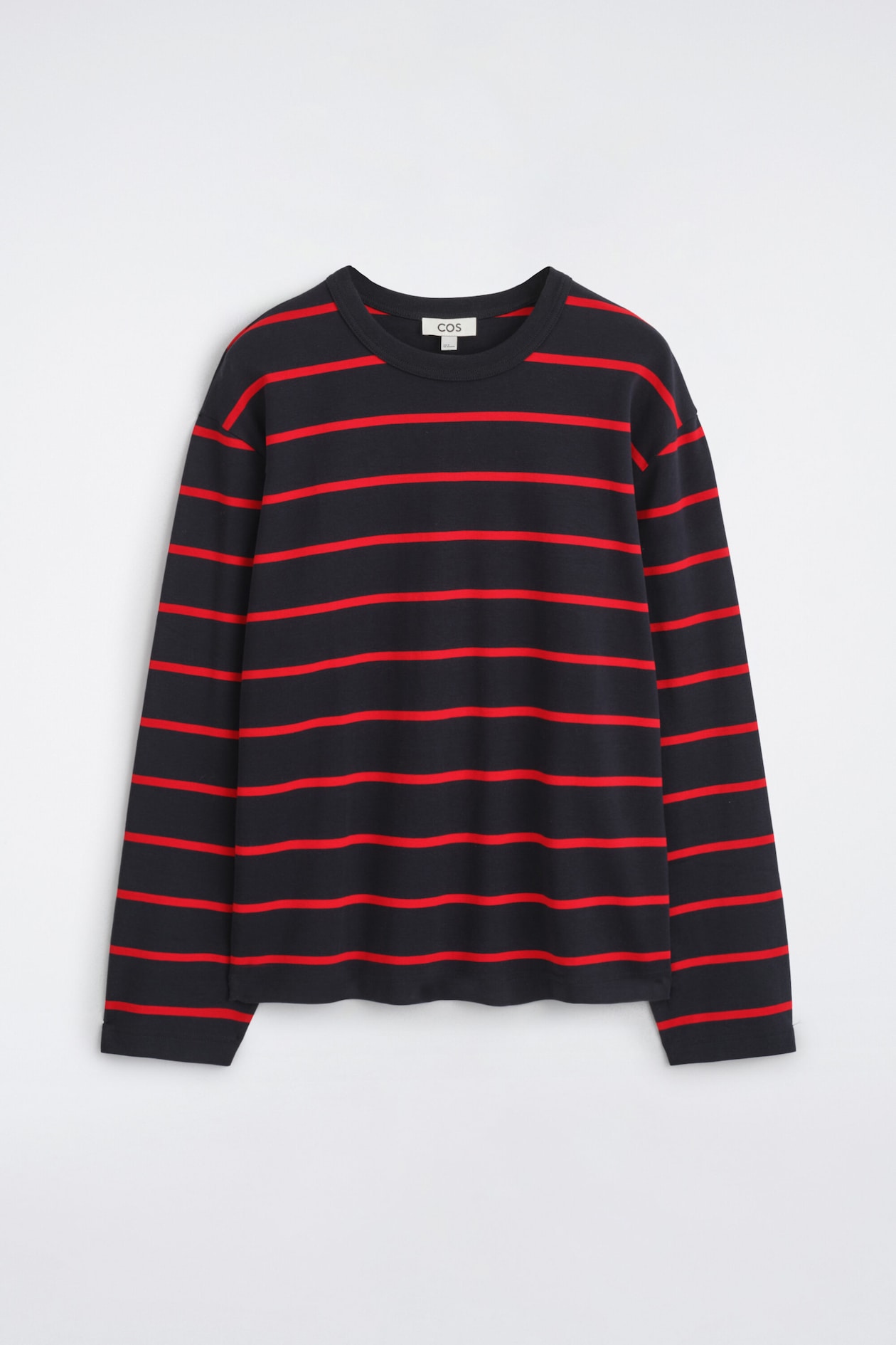 RELAXED JERSEY INTERLOCK LONG-SLEEVED T-SHIRT — NAVY / RED / STRIPED