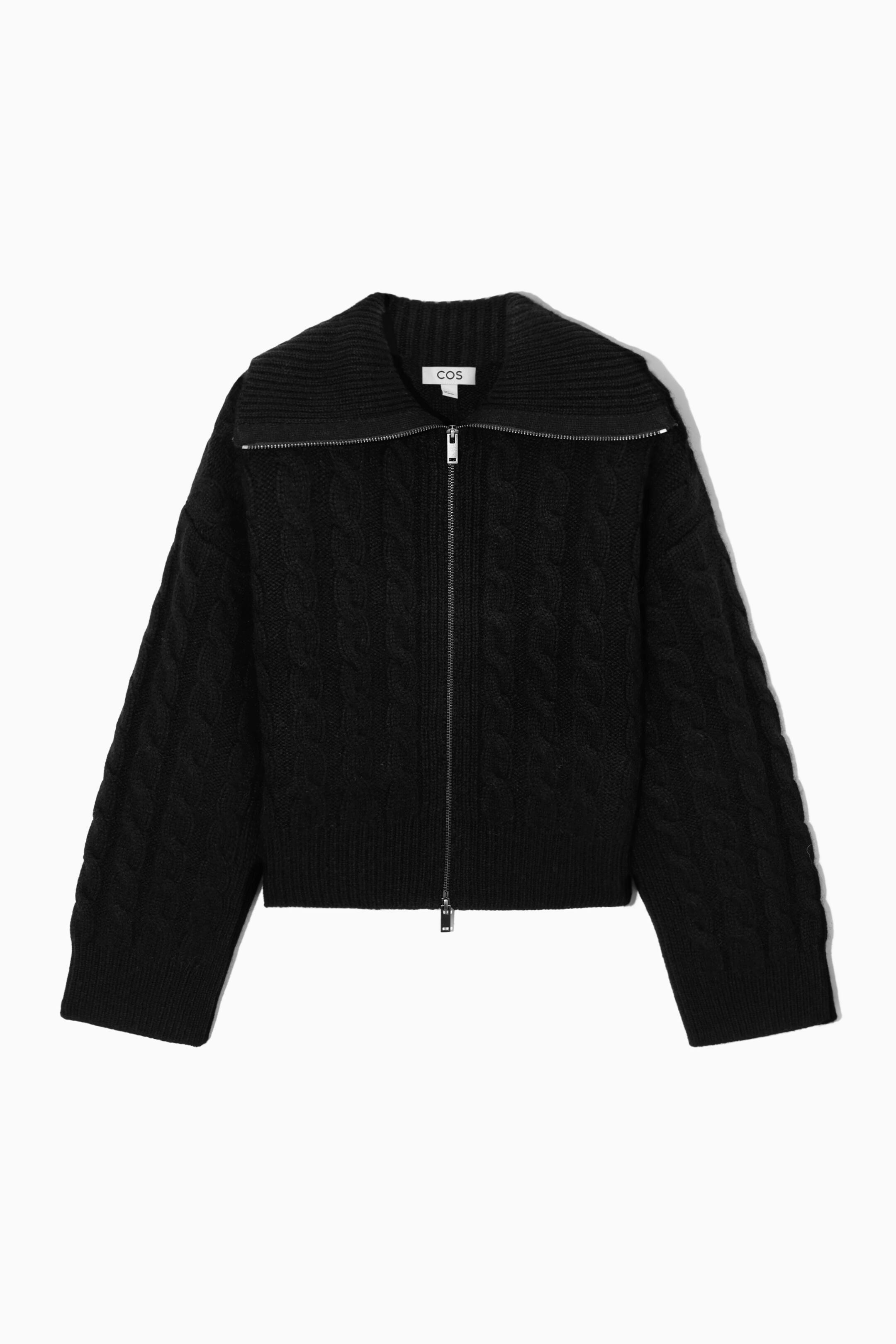 Näytä suurempi kuva: CABLE-KNIT WOOL ZIP-UP JACKET - BLACK - NAISET | H&M FI 1