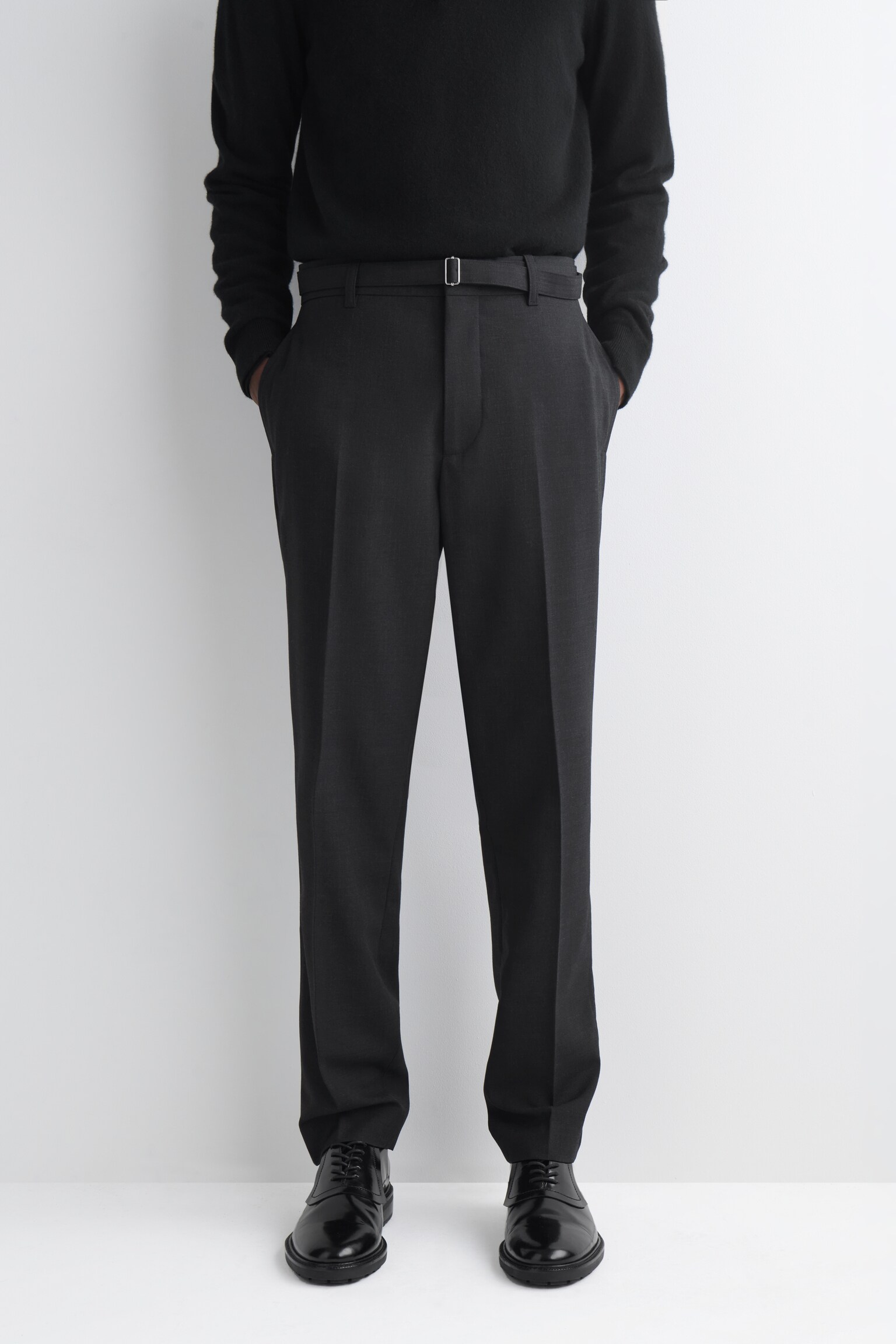 PANTALON SLIM CEINTURÉ EN LAINE MÉLANGÉE - GRIS/BRUN FONCÉ - 4