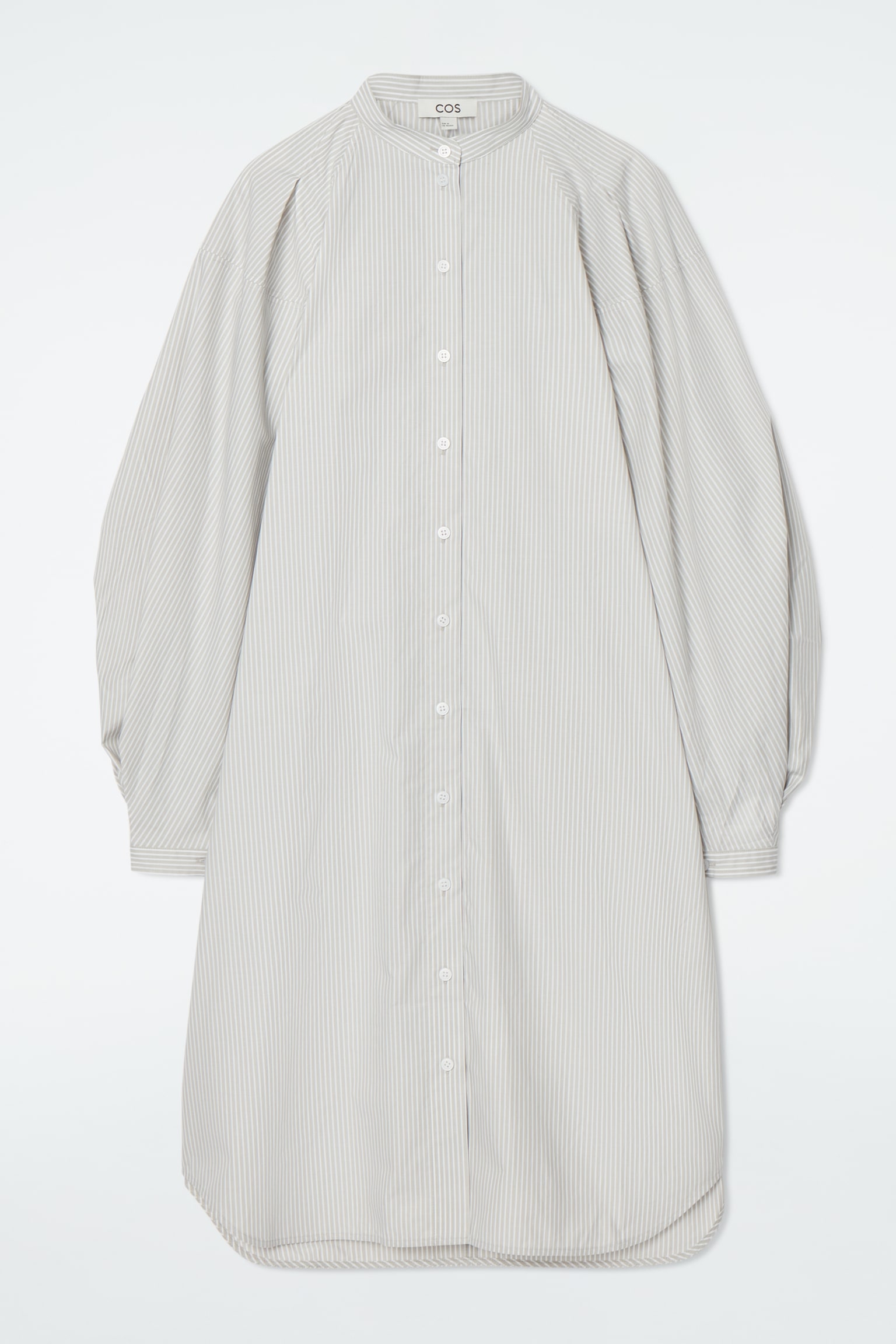 GRANDAD-COLLAR MIDI SHIRT DRESS - BEIGE / STRIPED/WHITE