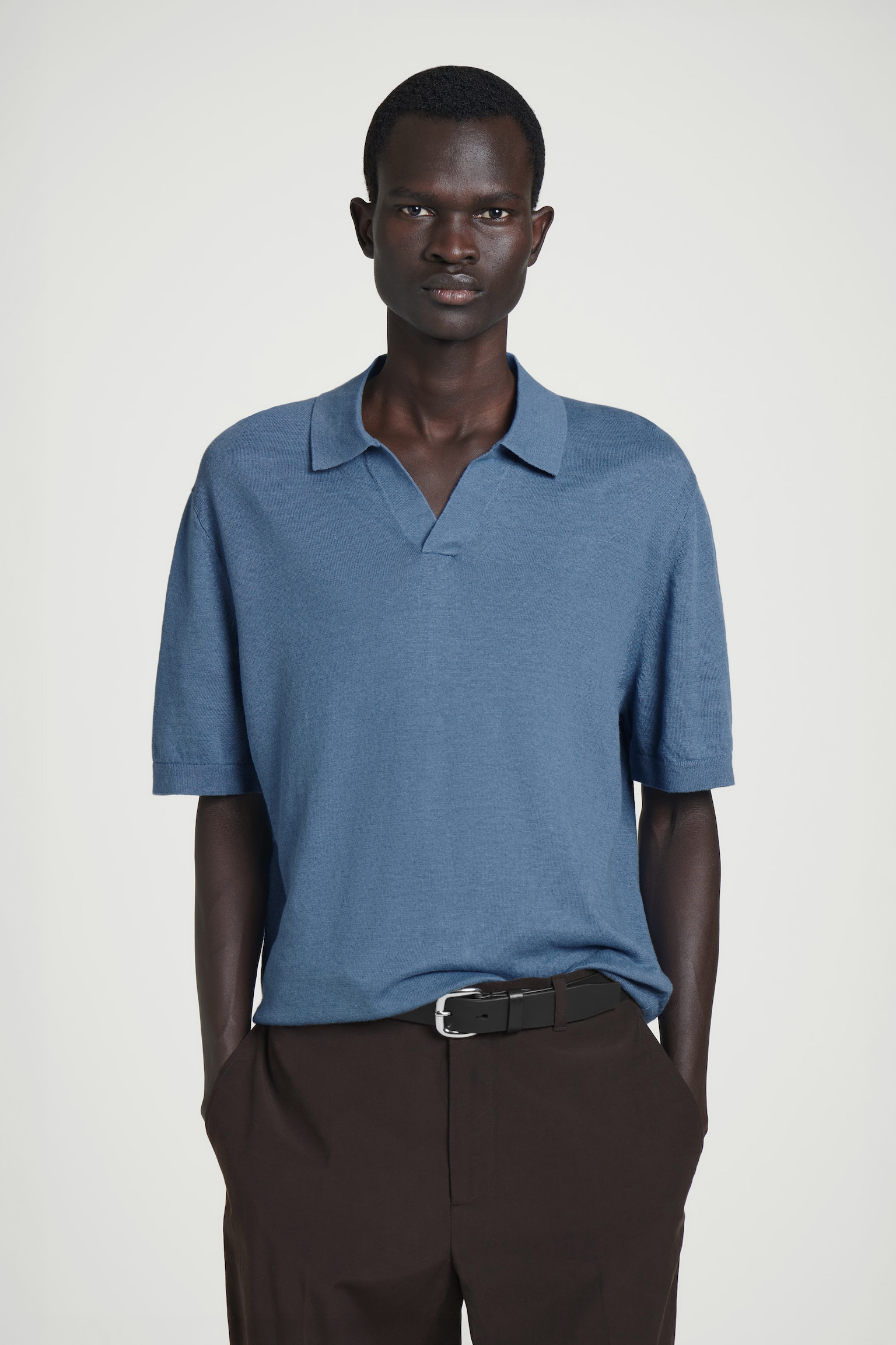 KNITTED LINEN POLO SHIRT - BLUE