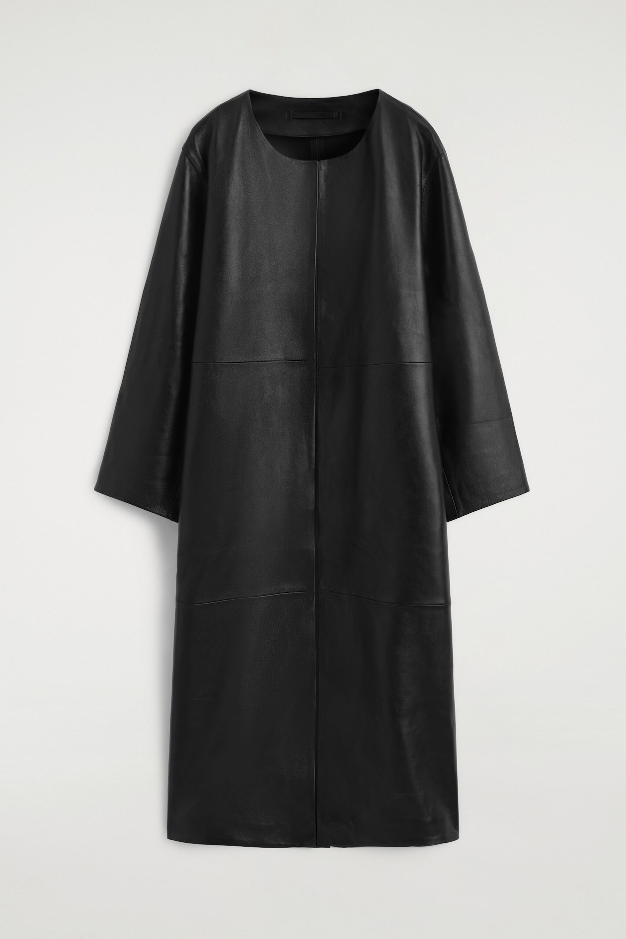 PANELED LEATHER LONG COAT — BLACK