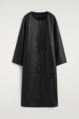 PANELED LEATHER LONG COAT — BLACK 8