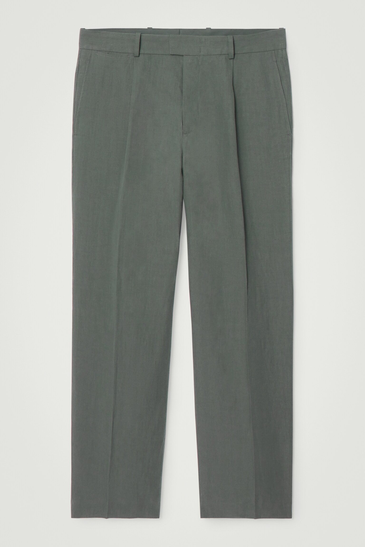 PANTALON DROIT À PLIS EN LIN - VERT - 1