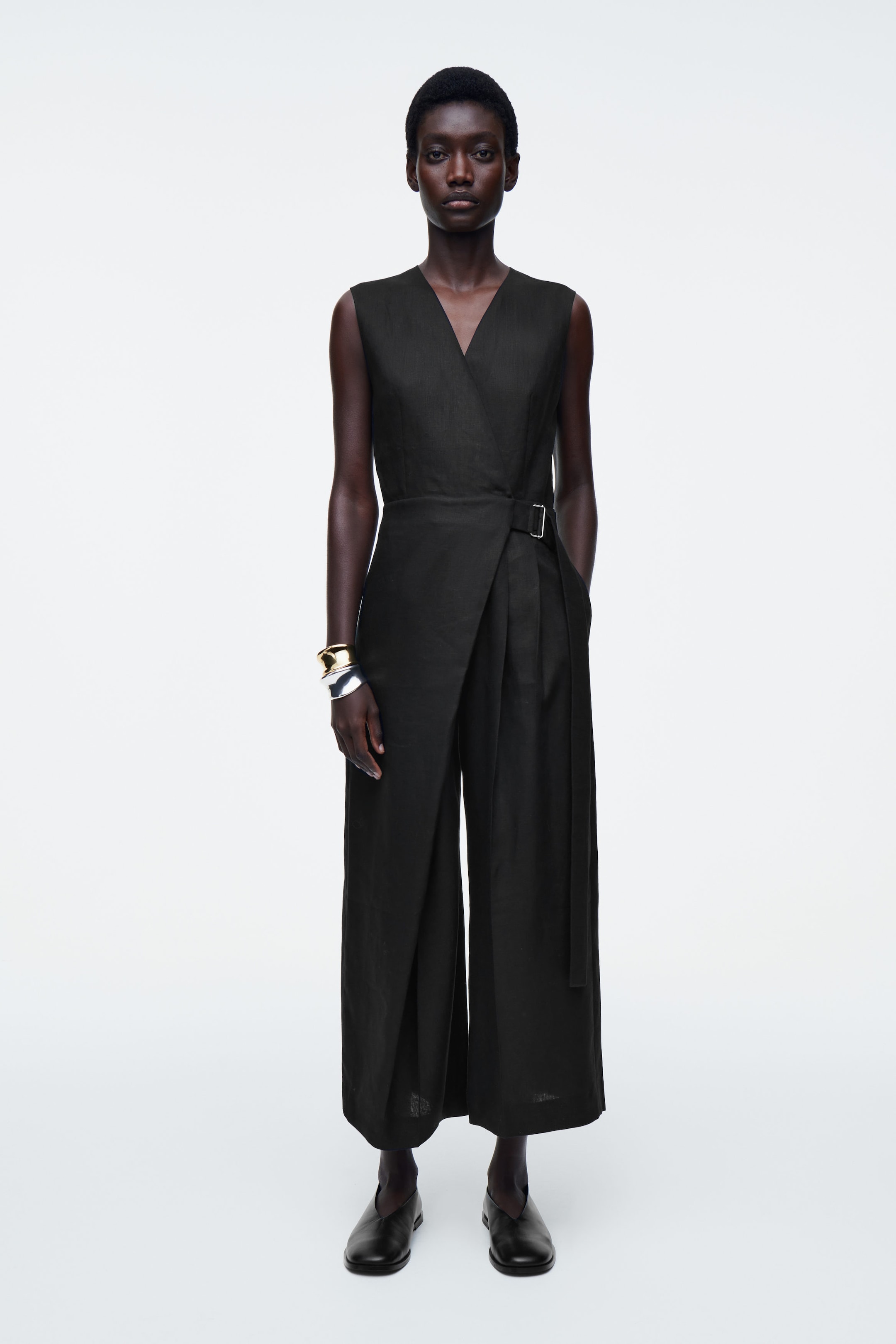 WRAP-FRONT LINEN JUMPSUIT