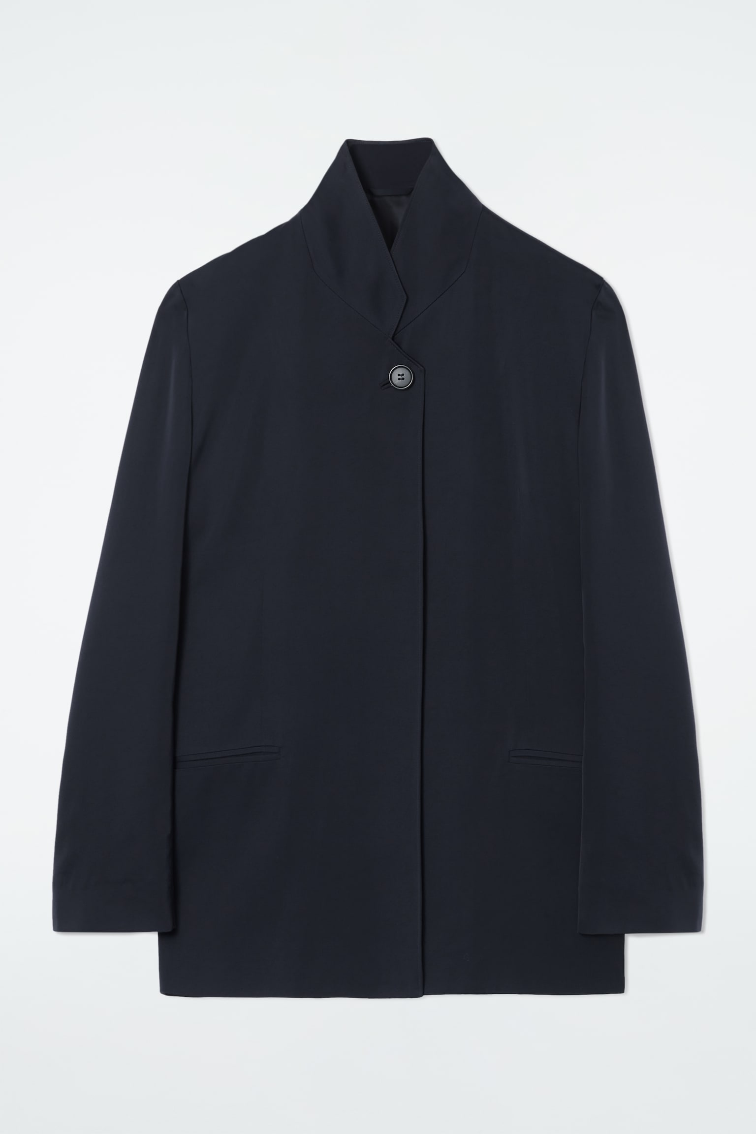 STAND-COLLAR SATIN TUXEDO BLAZER - NAVY