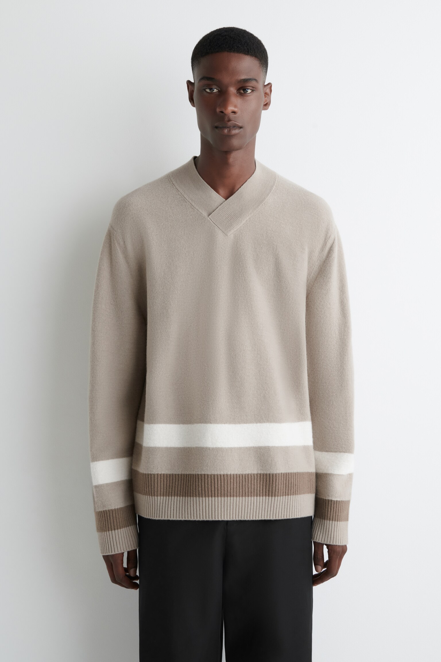 STRIPED BOILED MERINO WOOL JUMPER - BEIGE / GESTREEPT