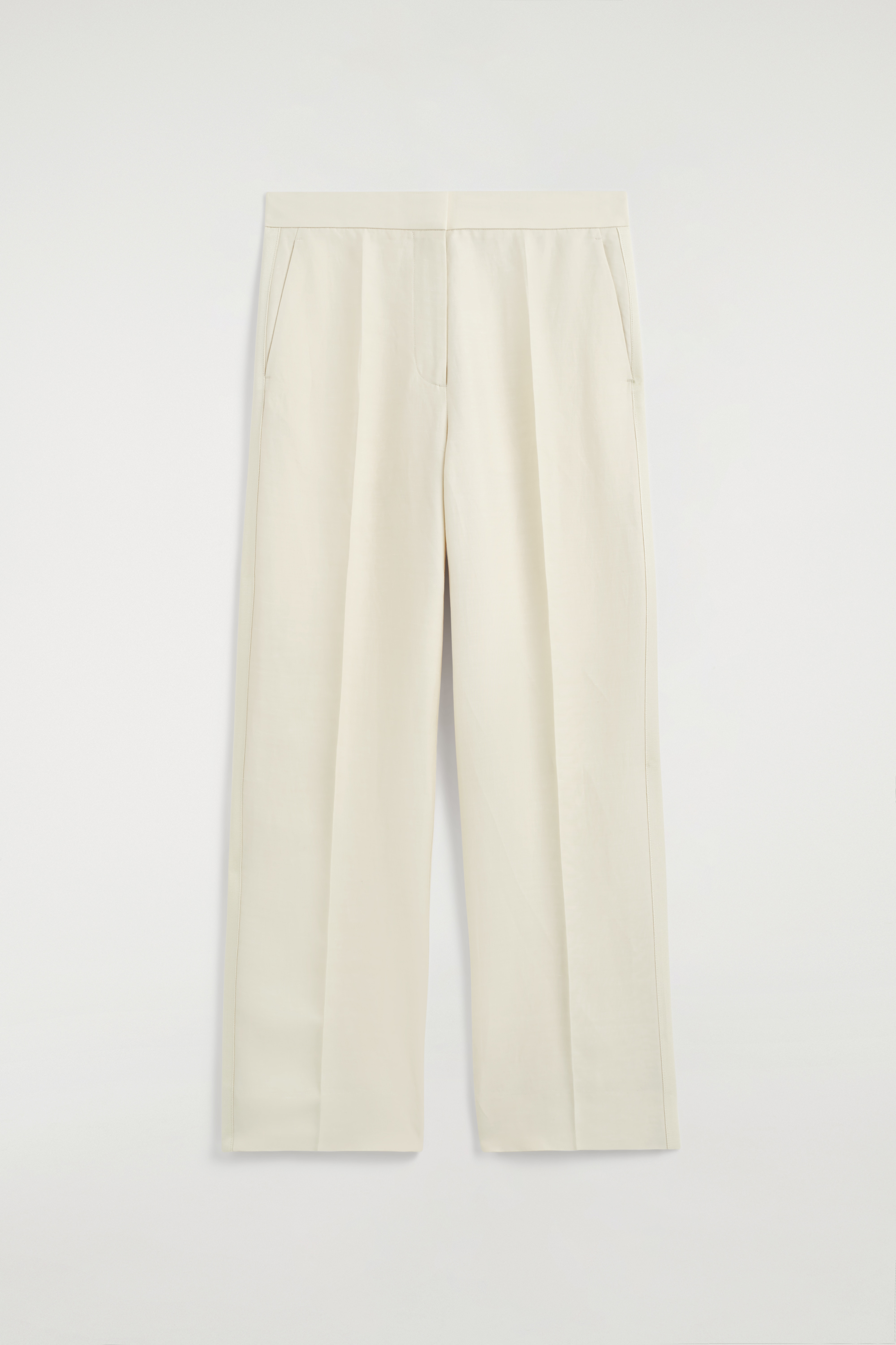 NA MIERU ŠITÉ NOHAVICE S ROVNÝMI NOHAVICAMI Z ĽANOVEJ ZMESI - ECRU