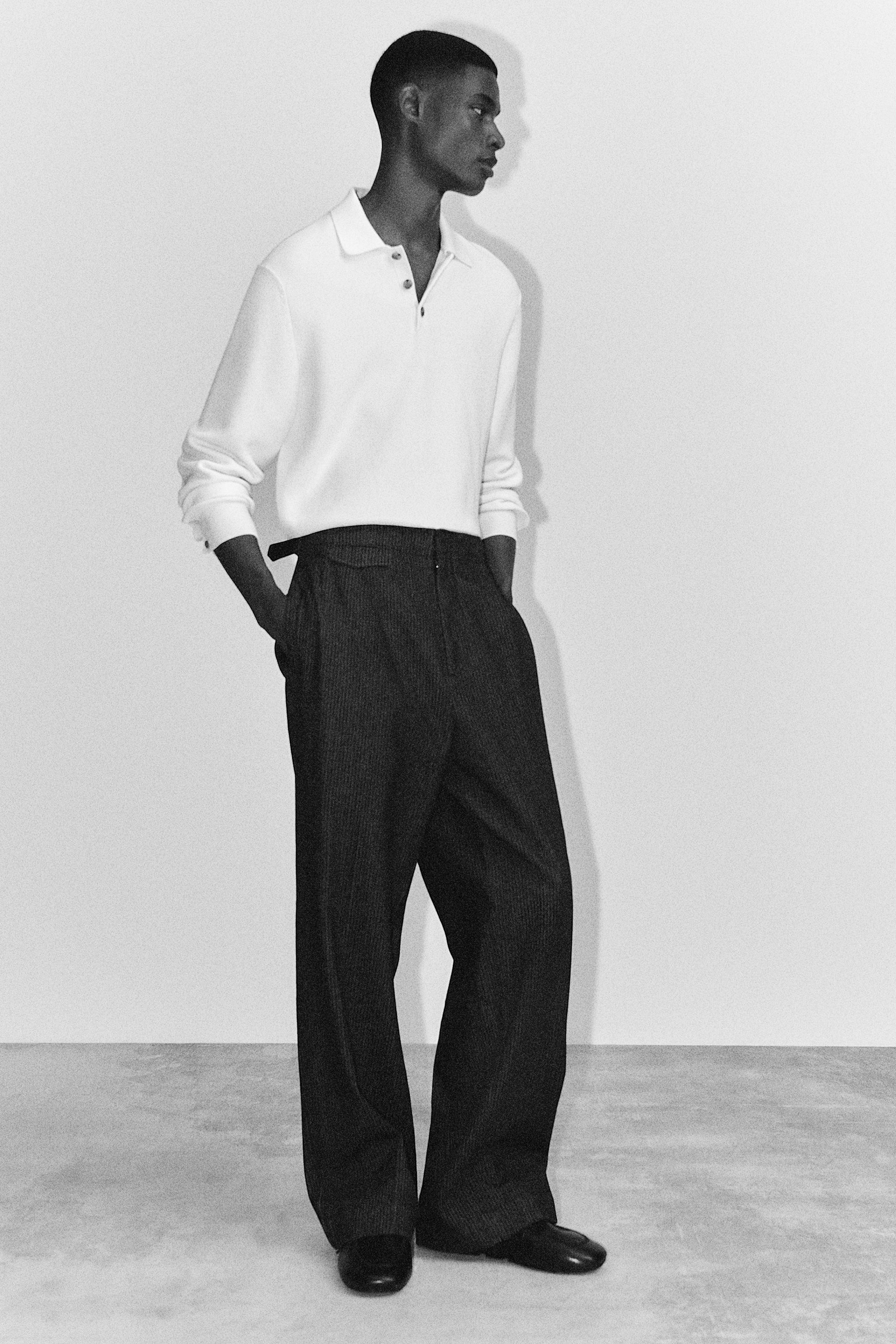 PINSTRIPED DENIM RELAXED-FIT WIDE-LEG PANTS - BLACK / PINSTRIPED