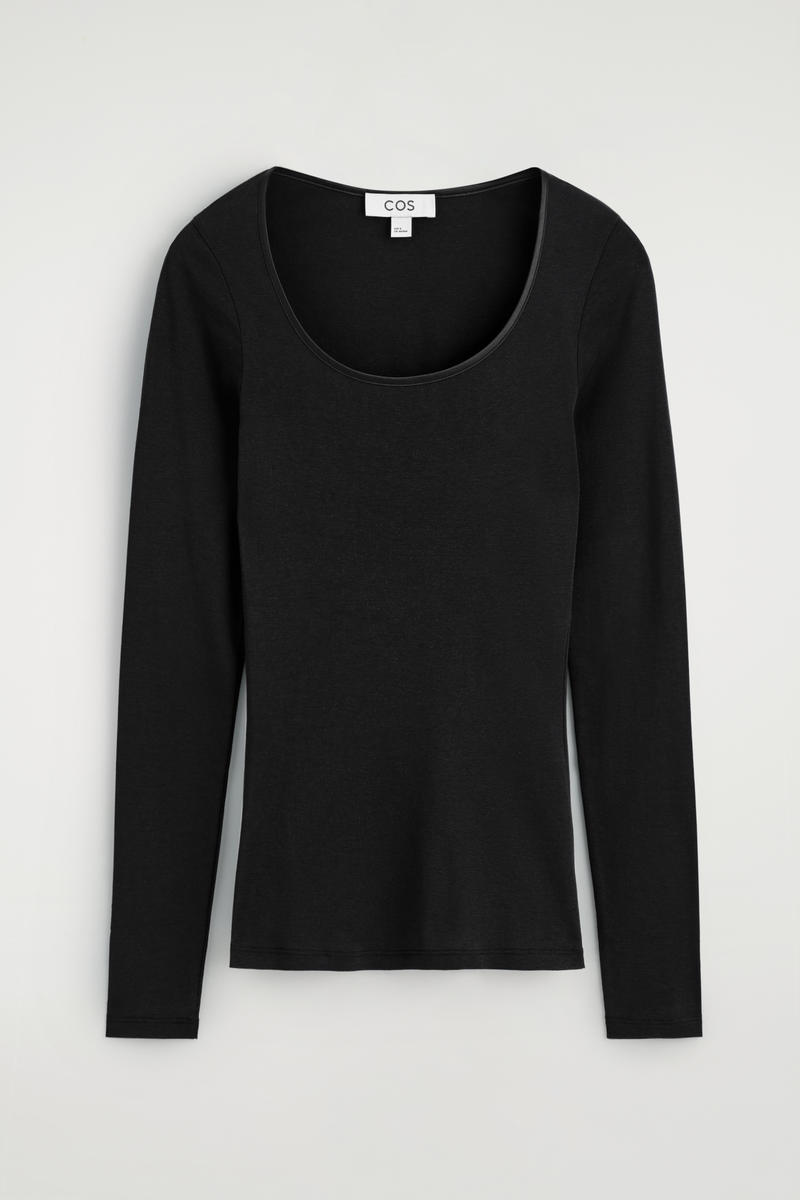 Cos Satin-trimmed Cotton Jersey Long-sleeved Top In Black