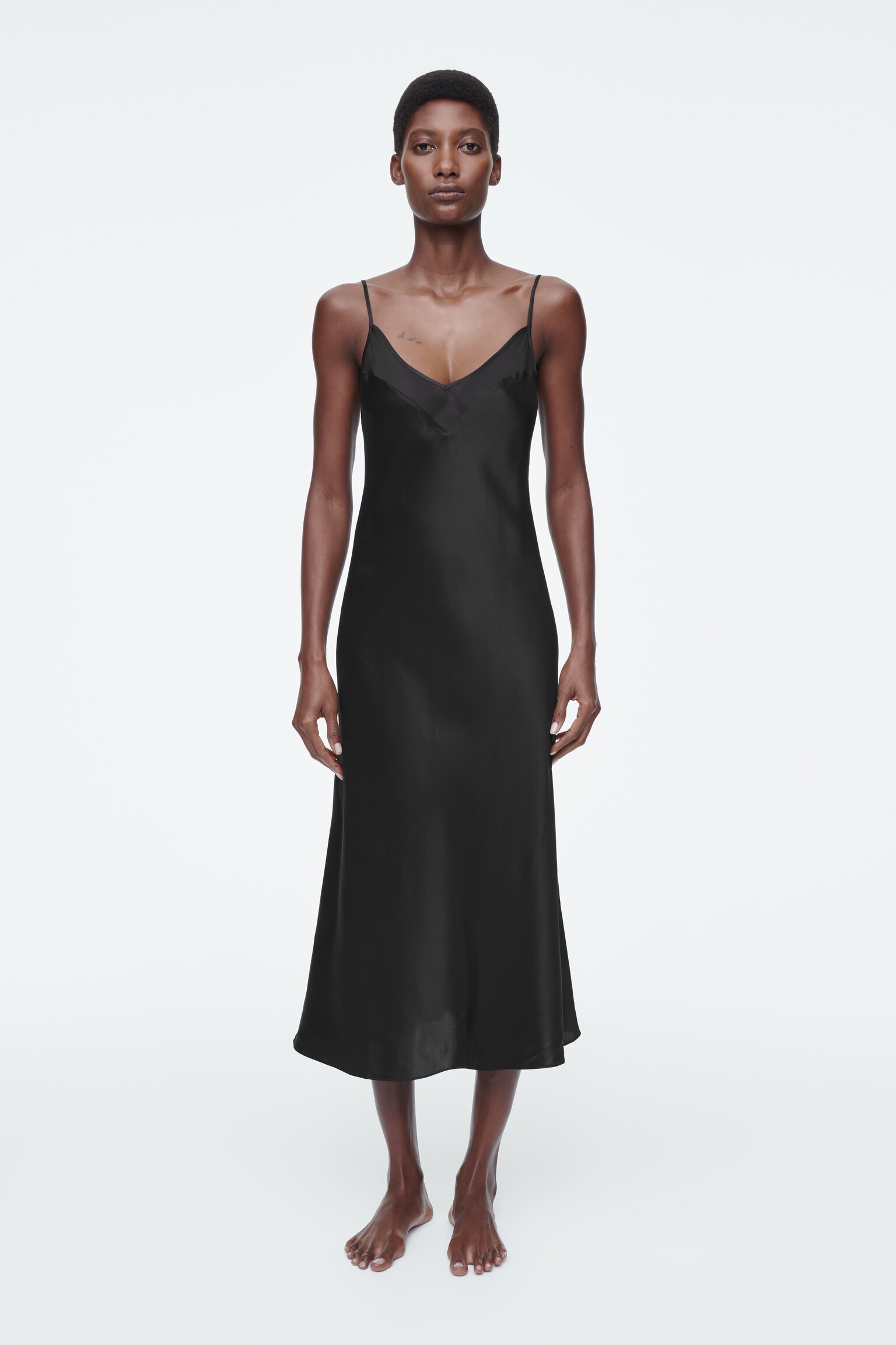 SHEER-PANEL SILK SLIP DRESS - BLACK
