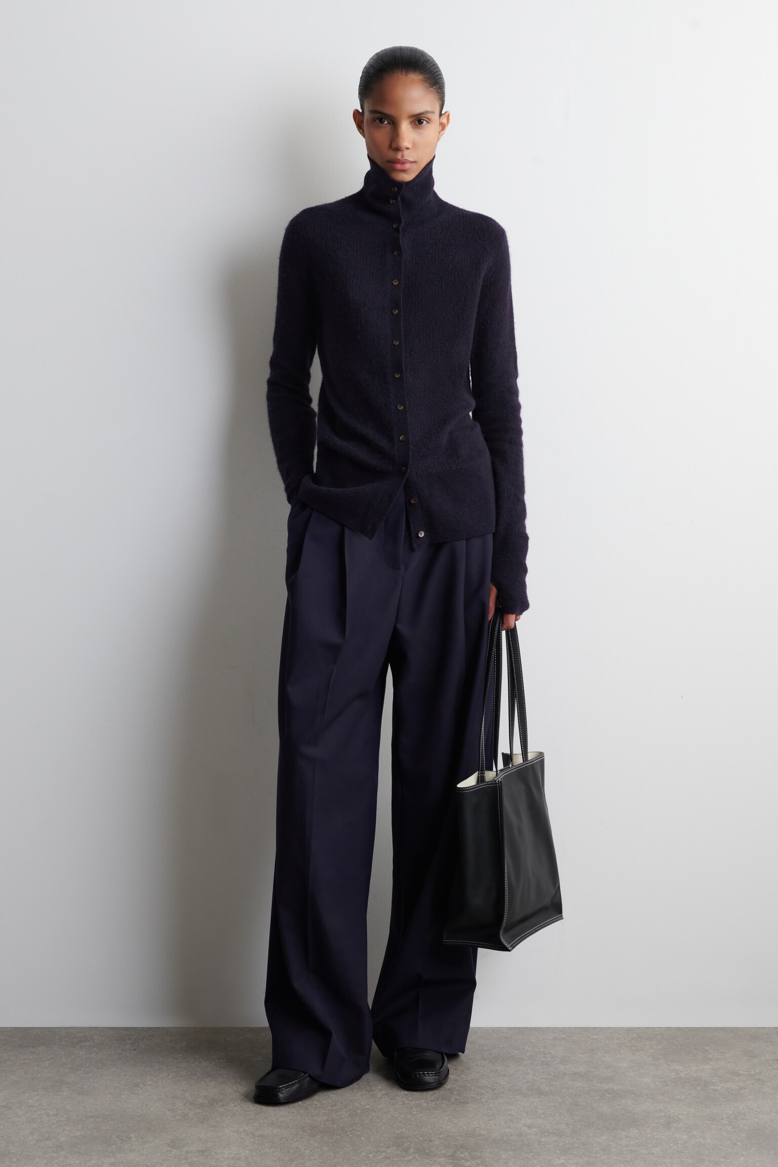 קרדיגן צווארון גבוה מצמר מאלפקה ומרינו - כחול כהה מלנג'/חום מלנג' - 8