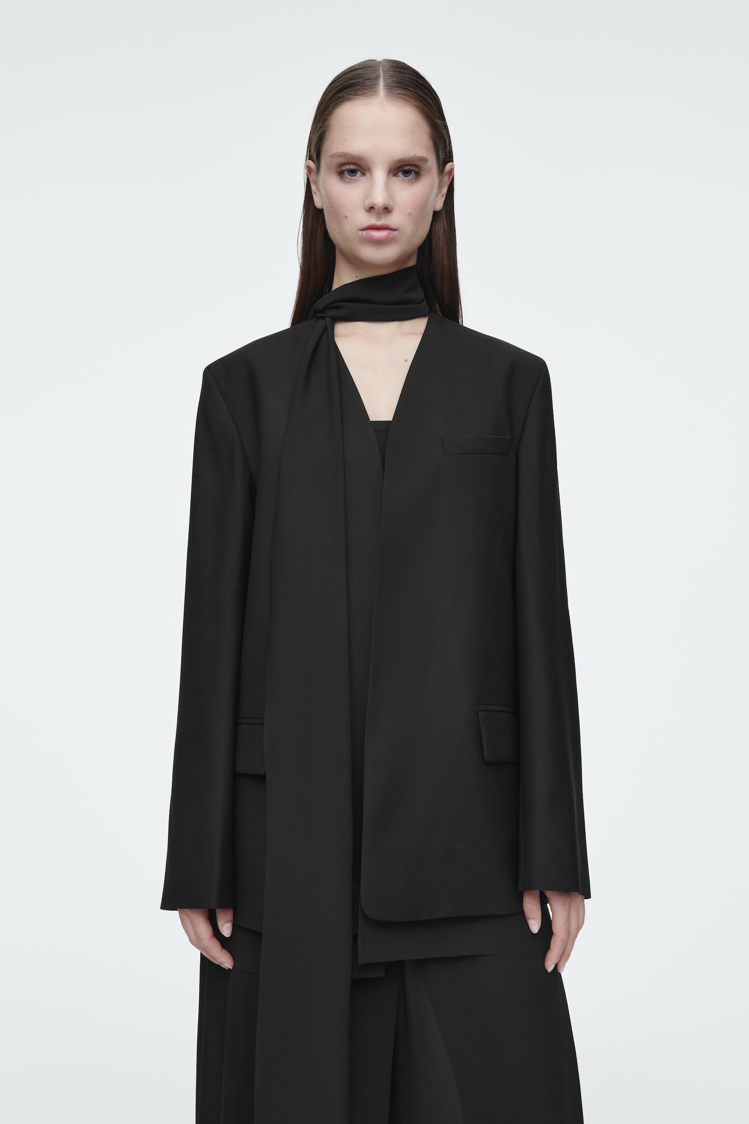SCARF-DETAIL WOOL BLAZER - BLACK