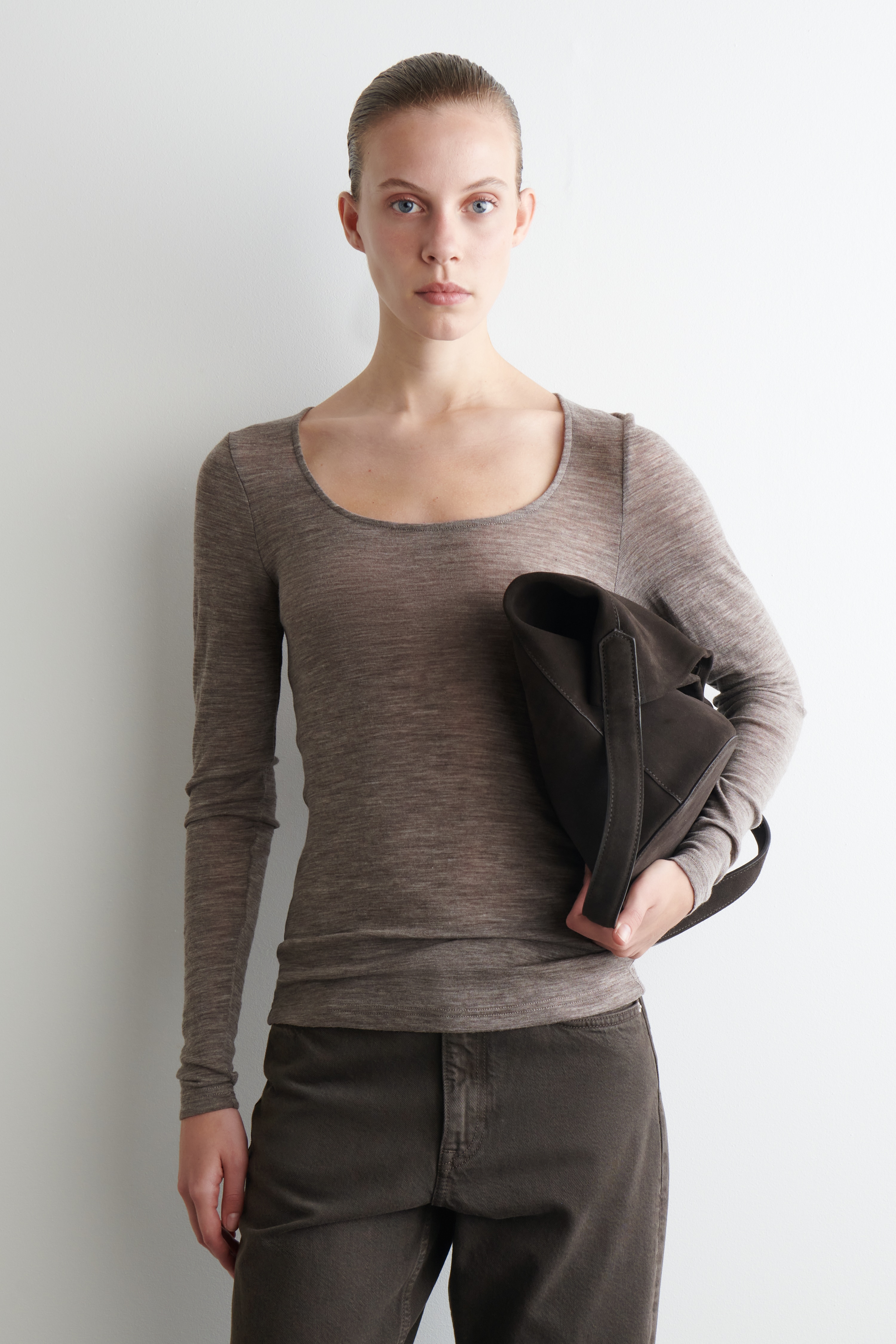 BLUZKA Z WEŁNY MERINO - JASNOBRĄZOWY MELANŻ/SZARY MELANŻ/CZARNY