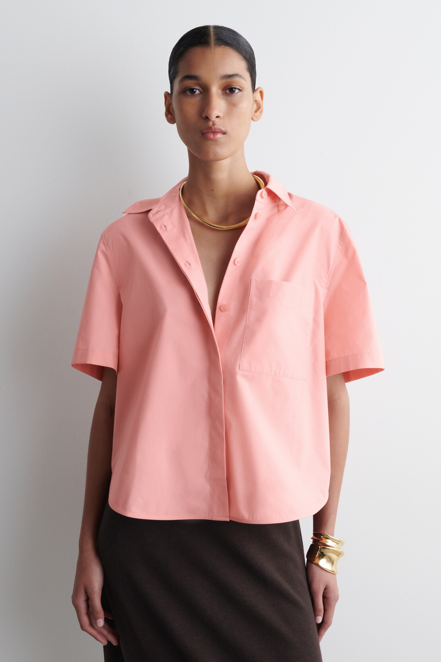 CAMICIA CROPPED IN COTONE A MANICHE CORTE - ROSA/ROSA/BIANCO/MARRONE