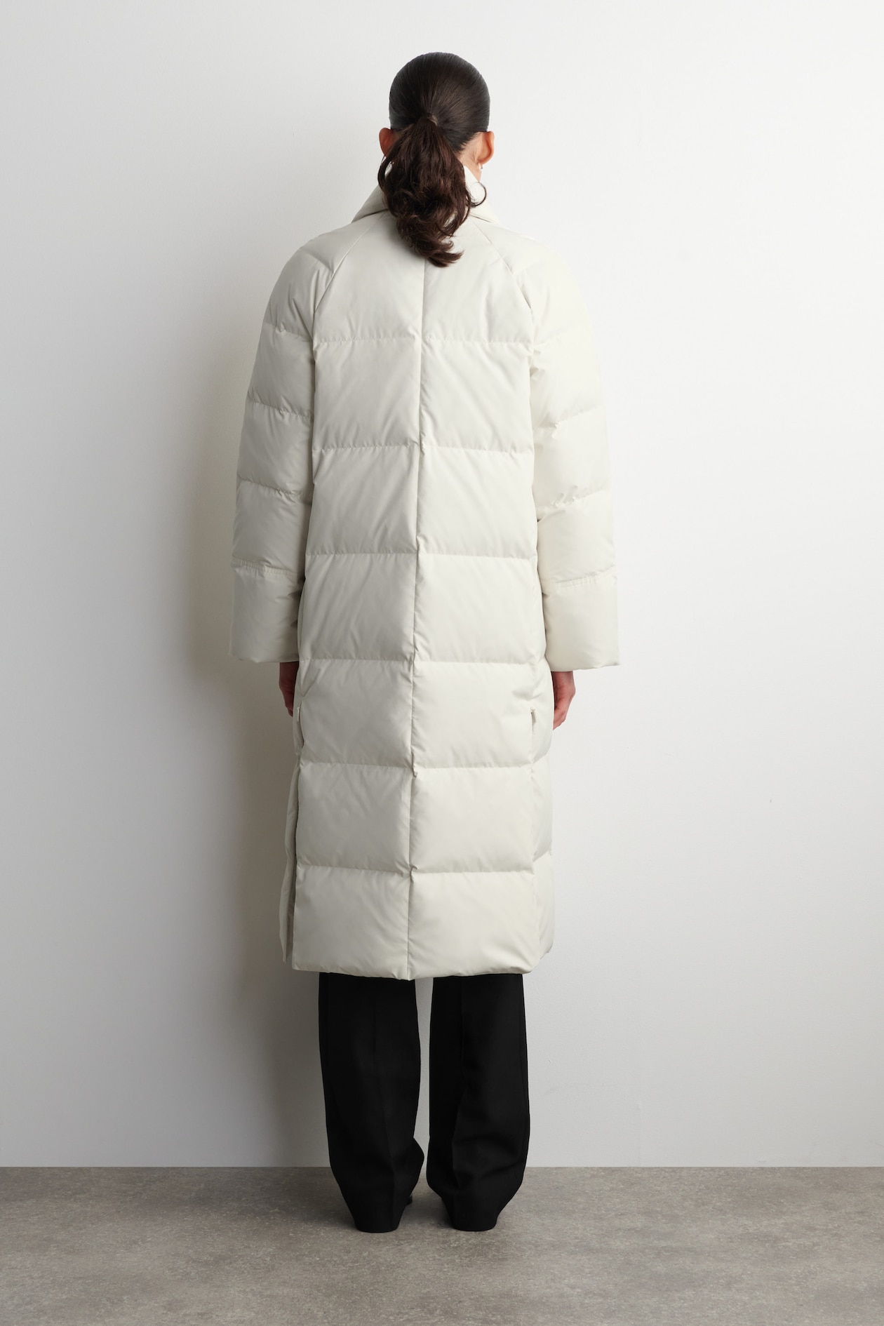 SHAWL-COLLAR QUILTED DOWN LONG COAT — OFF-WHITE