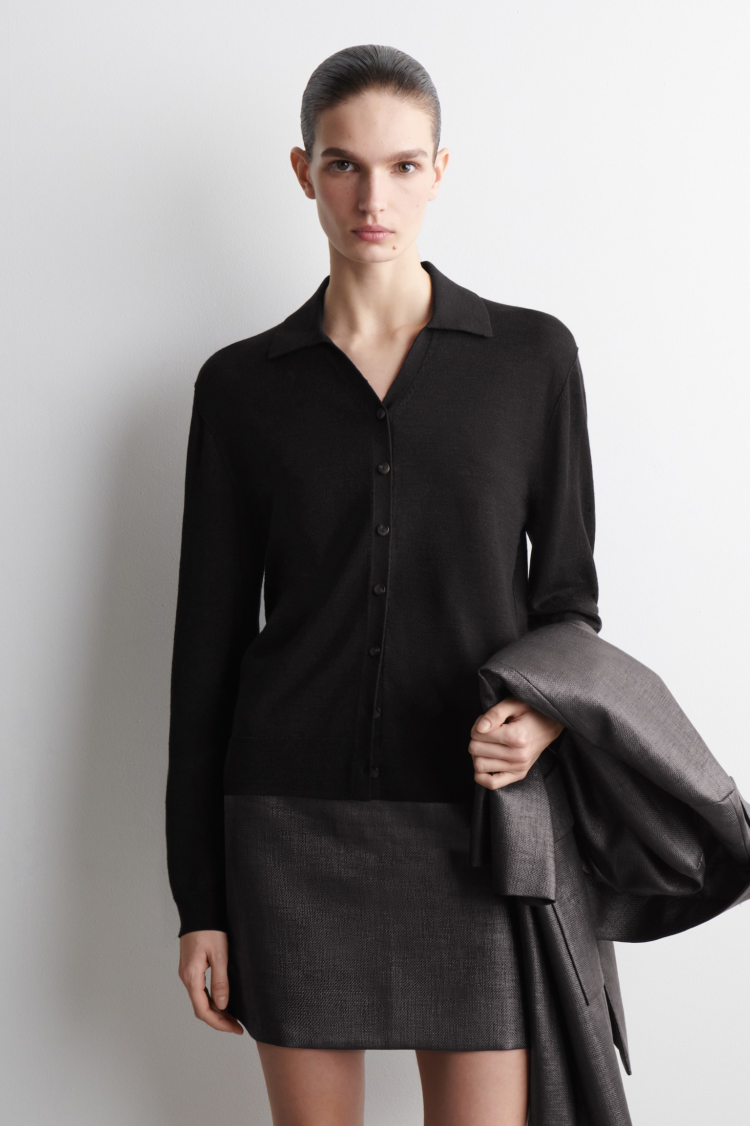 CAMICIA IN MAGLIA DI LINO E LANA MERINO - NERO/PIETRA MÉLANGE - 1