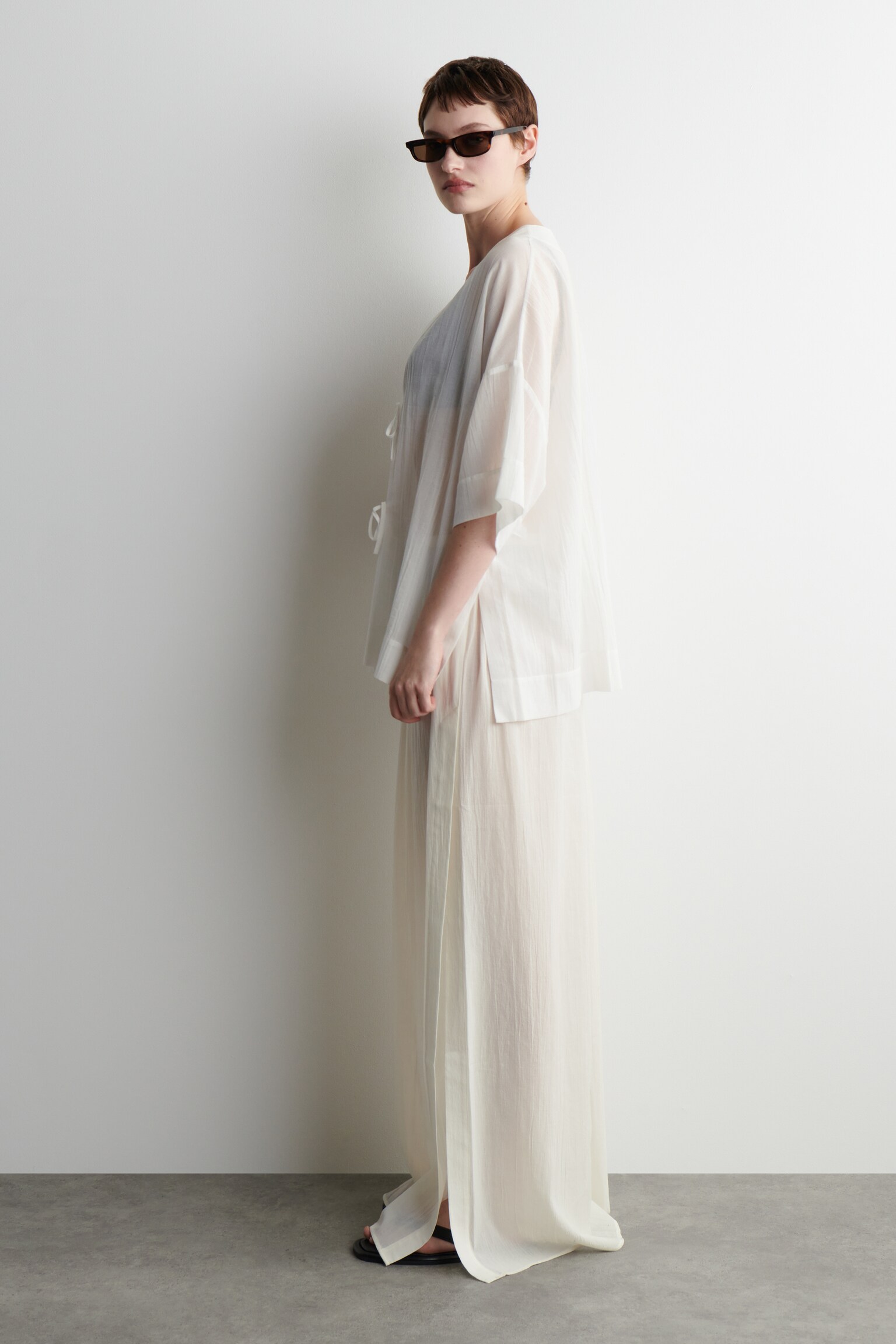 PANTALONI IN COTONE INCRESPATO - BIANCO/NERO - 5