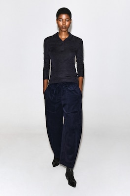 CORDUROY BARREL-LEG DRAWSTRING PANTS — NAVY 3