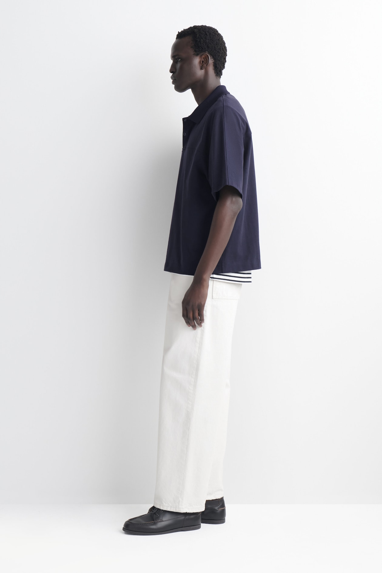 PRESS-STUD COTTON POLO SHIRT — NAVY